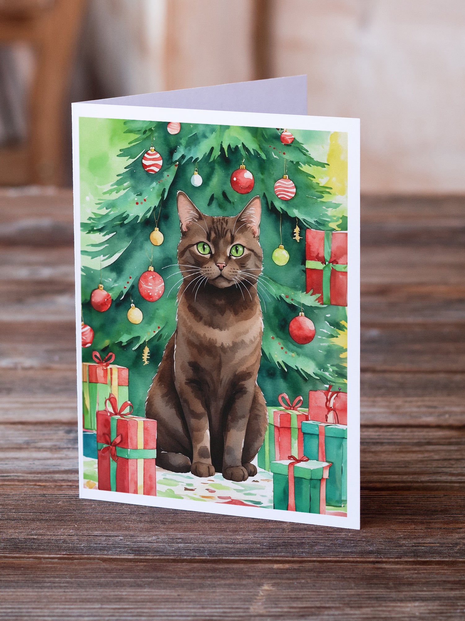 Caroline's Treasures York Chocolate Cat By the Christmas Tree Greeting Cards - Blank Note Cards – 8-Pack of Artist-Designed Cards with Envelopes