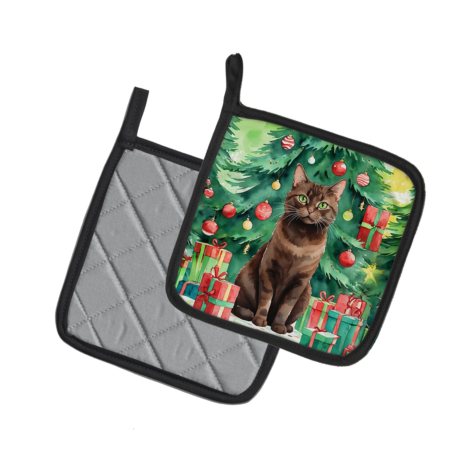 Caroline's Treasures York Chocolate Cat By the Christmas Tree Pot Holders - Set of 2 Decorative Kitchen Helpers | Made in the USA