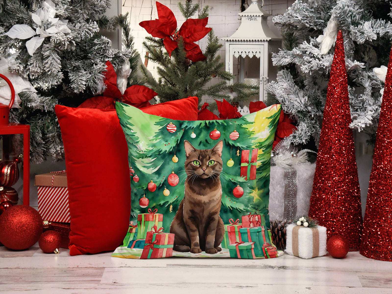 Caroline's Treasures York Chocolate Cat By the Christmas Tree Throw Pillow