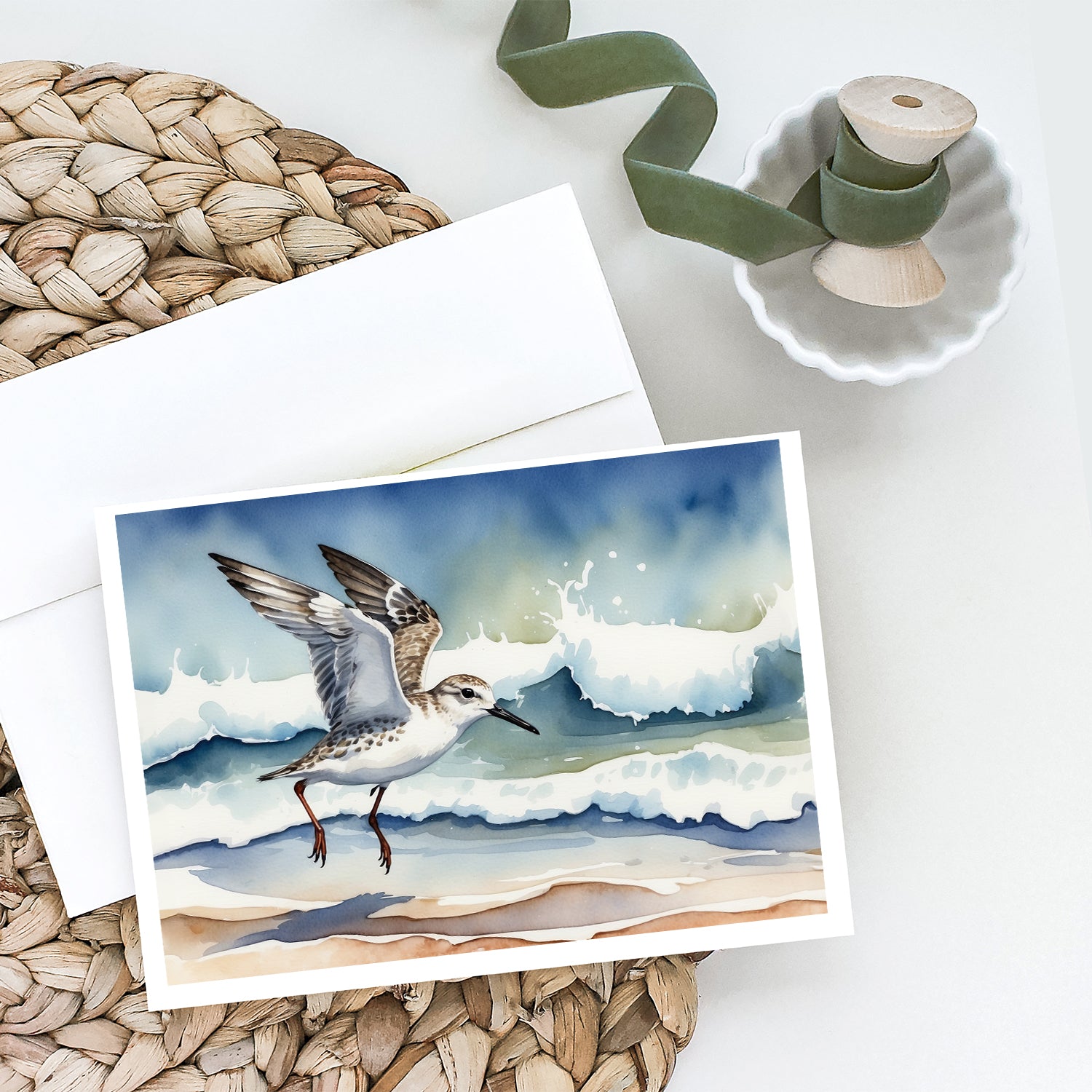 Caroline's Treasures Sanderling Racing the Tide Greeting Cards - Blank Note Cards – 8-Pack of Artist-Designed Cards with Envelopes