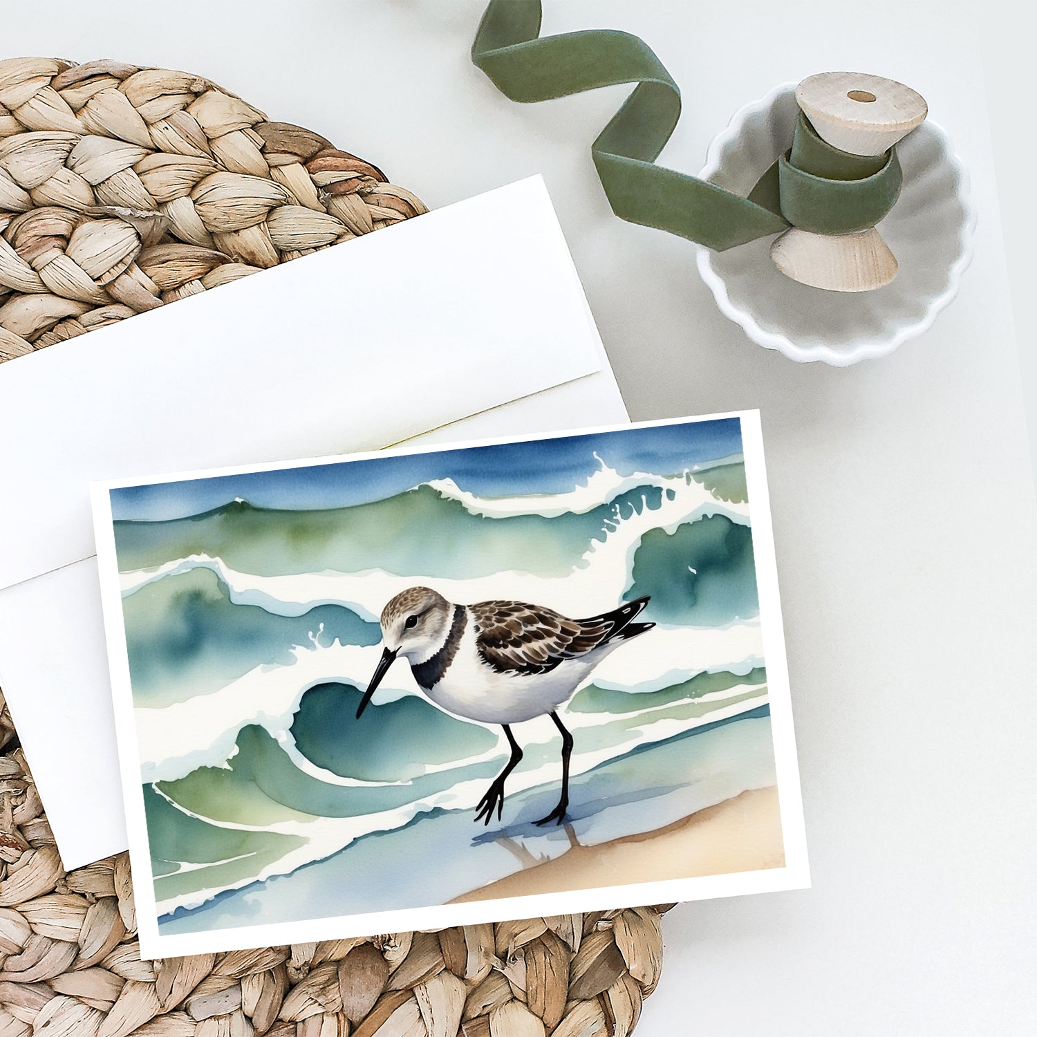 Caroline's Treasures Sanderling Racing the Tide Greeting Cards - Blank Note Cards – 8-Pack of Artist-Designed Cards with Envelopes