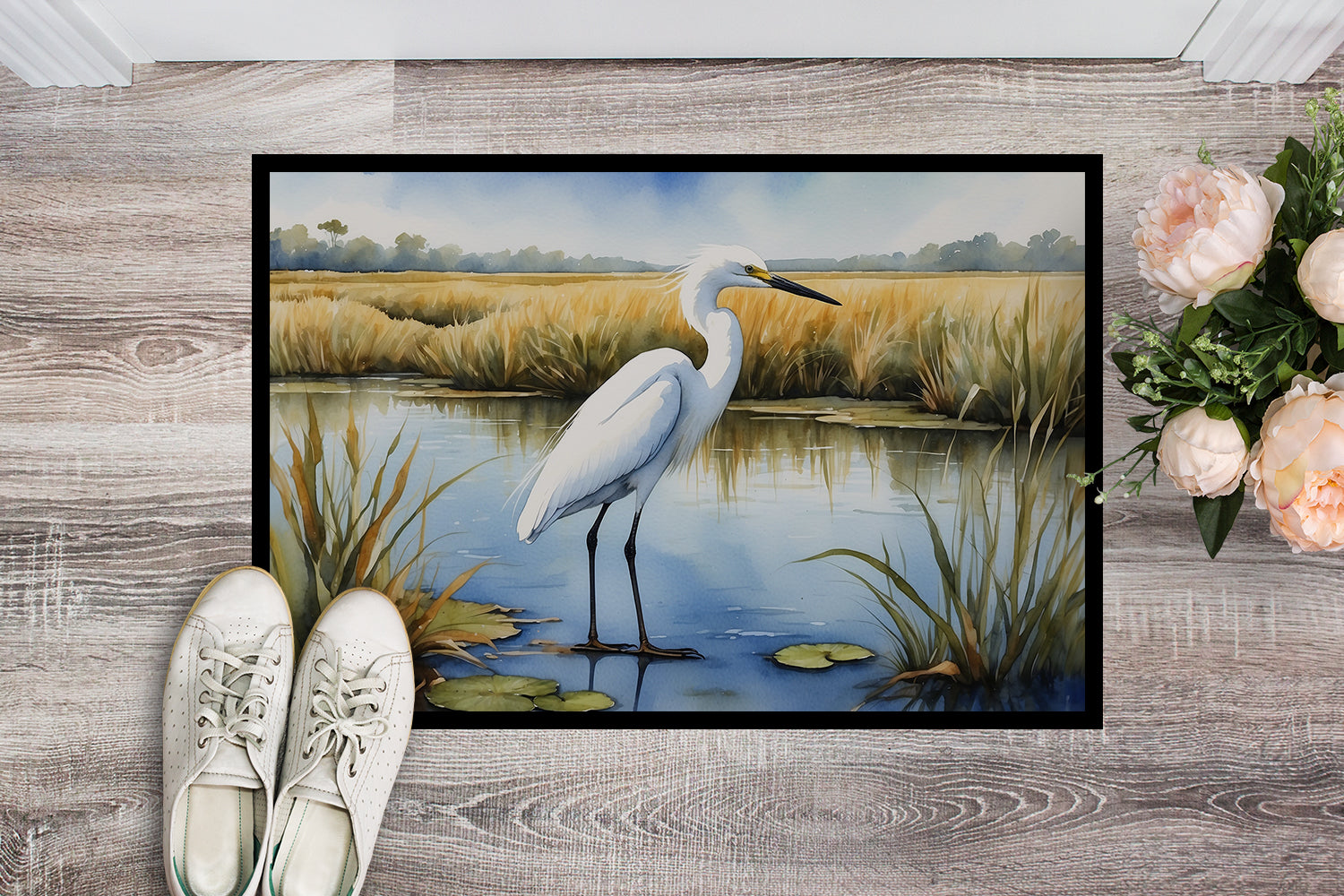 Caroline's Treasures Snowy Egret in Coastal Marshes Doormat-24x36 Indoor / Outdoor Rug | Made in USA