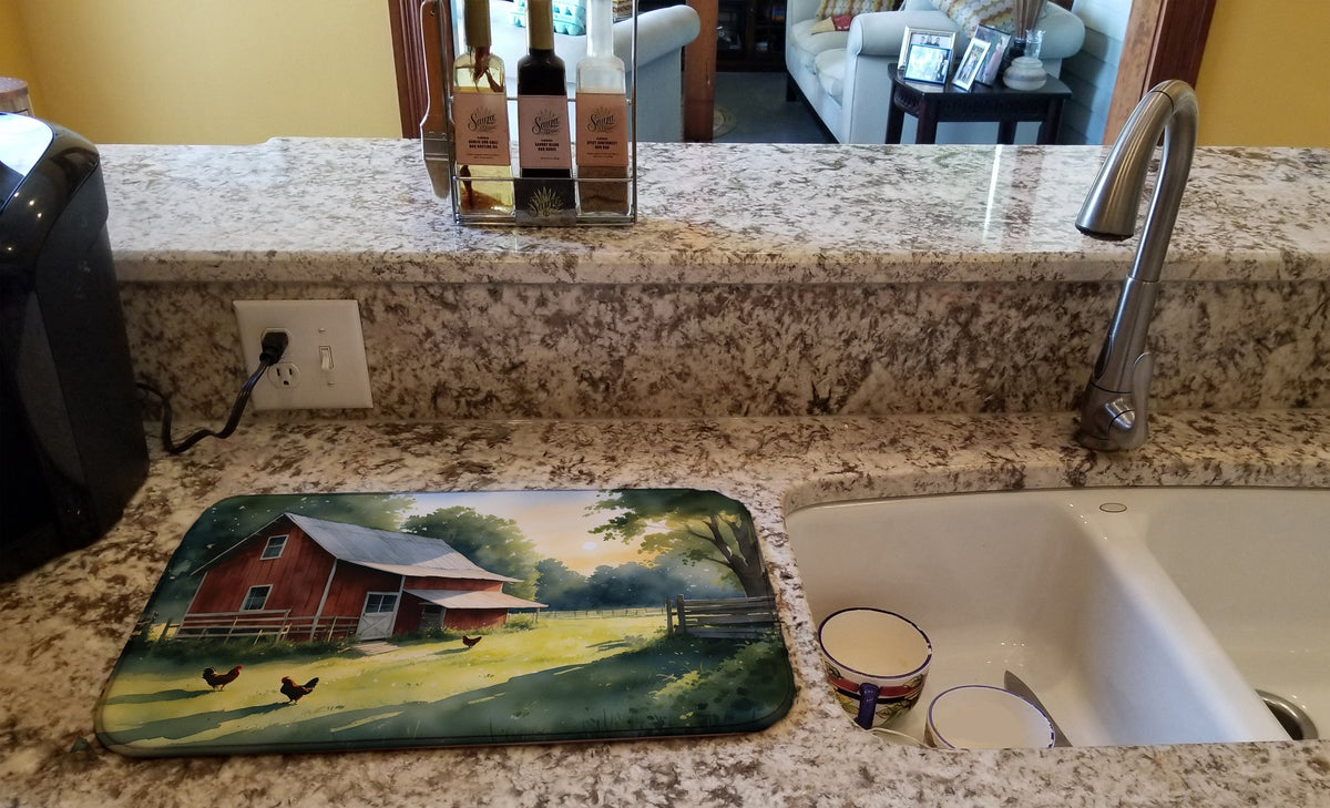 Caroline's Treasures Chicken Coop at Dawn Dish Drying Mat