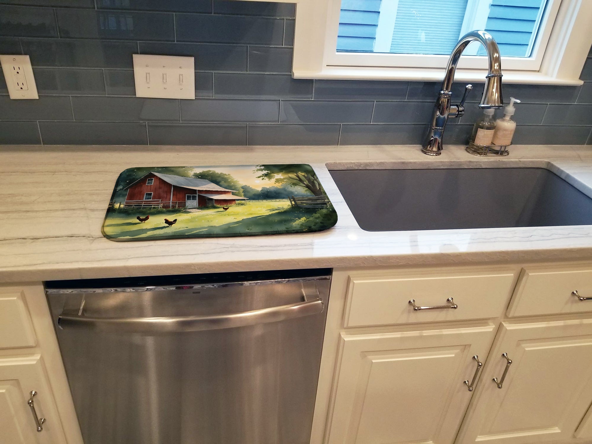Caroline's Treasures Chicken Coop at Dawn Dish Drying Mat