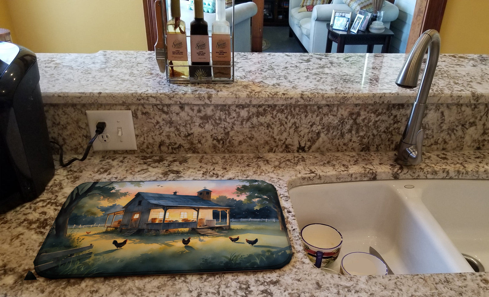 Caroline's Treasures Chicken Coop at Dawn Dish Drying Mat