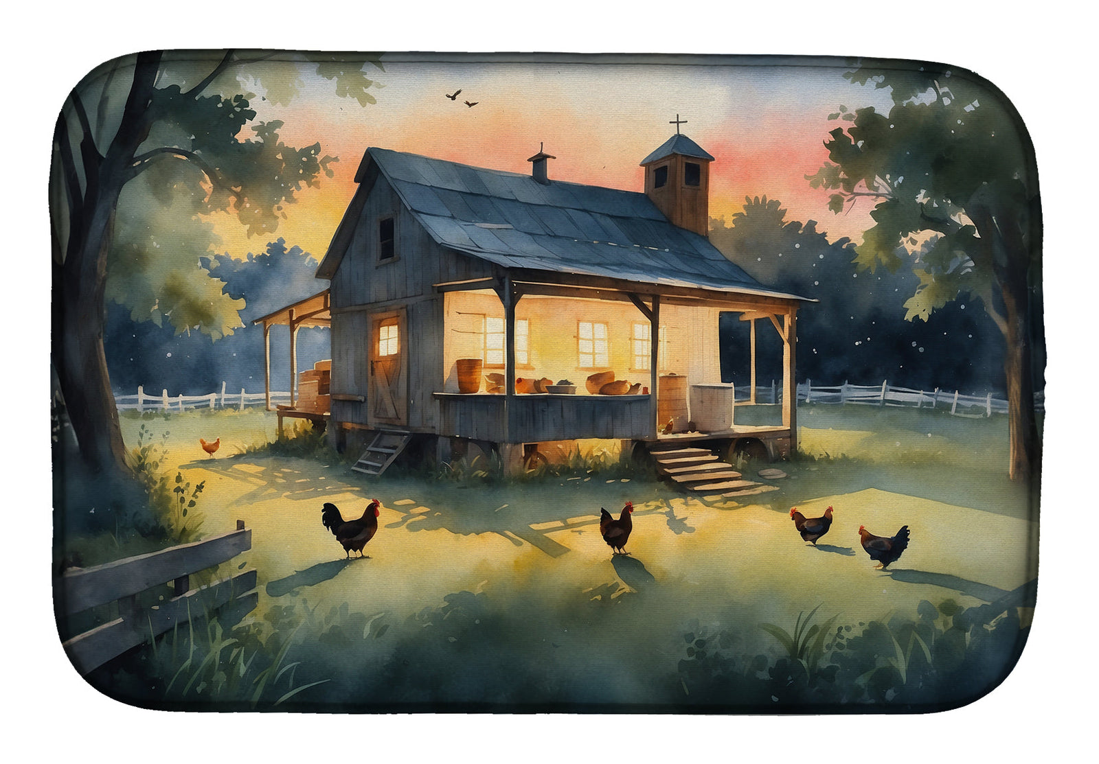 Caroline's Treasures Chicken Coop at Dawn Dish Drying Mat