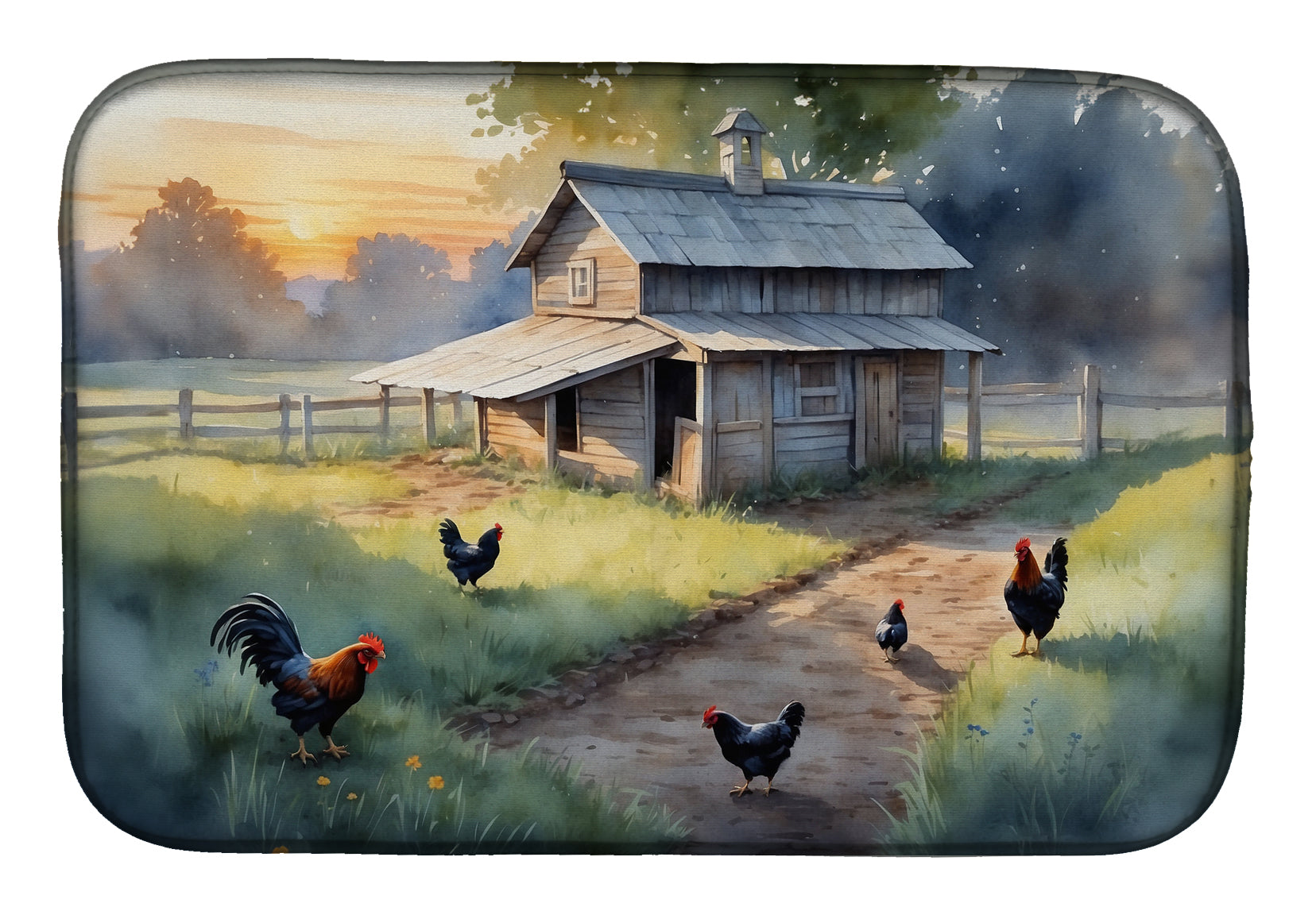 Caroline's Treasures Chicken Coop at Dawn Dish Drying Mat