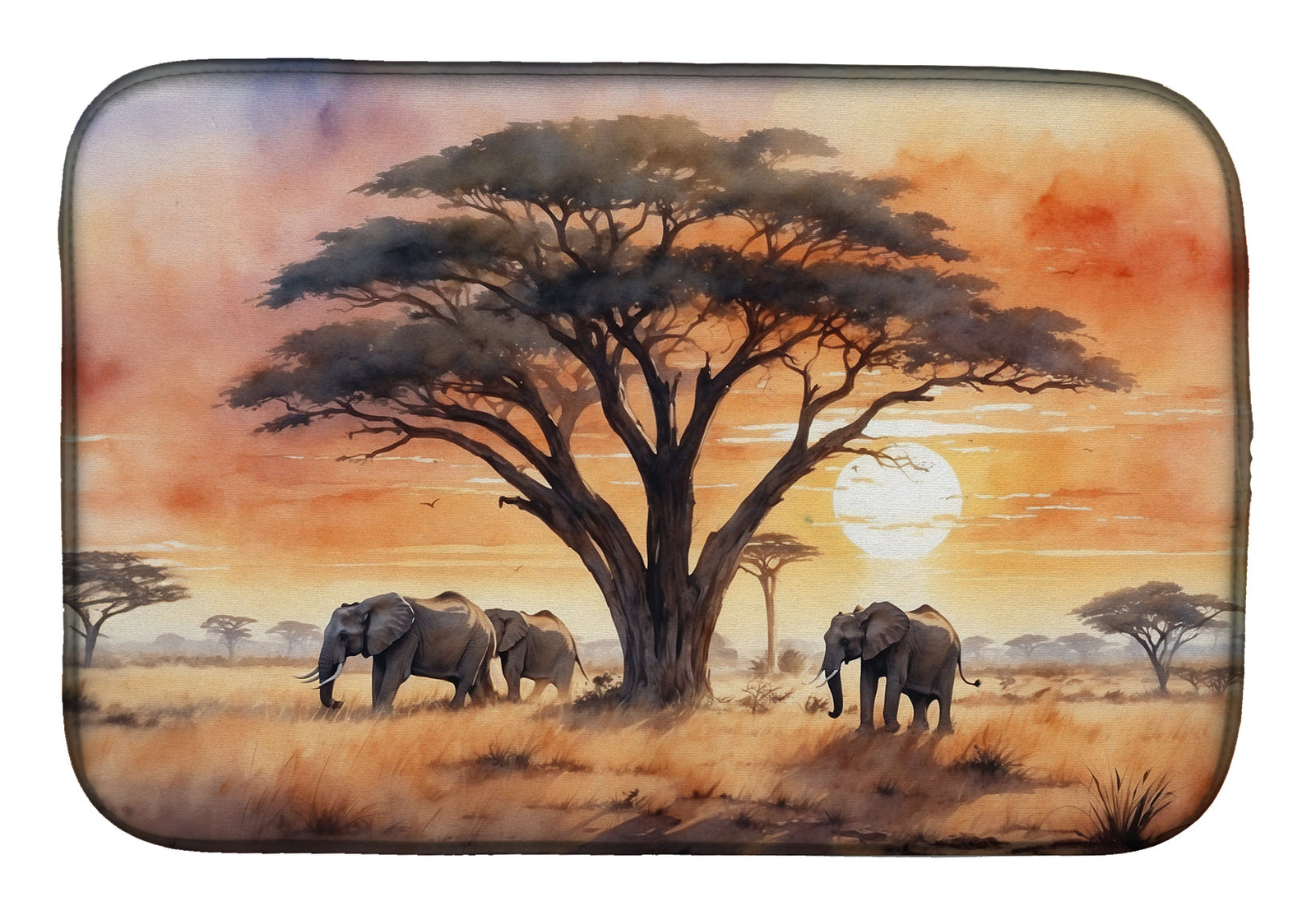 Caroline's Treasures Elephants Savanna Sunrise Dish Drying Mat