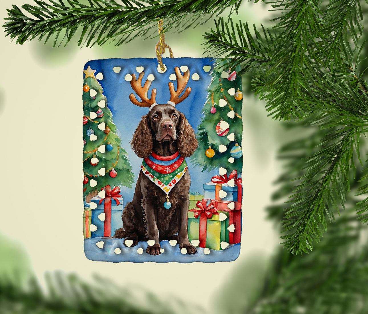 Caroline's Treasures American Water Spaniel Christmas Reindeer Porcelain Ornament