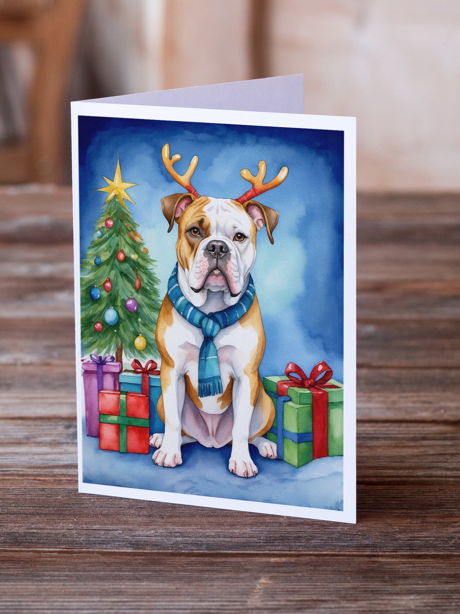 Caroline's Treasures American Bulldog Christmas Reindeer Greeting Cards - Blank Note Cards – 8-Pack of Artist-Designed Cards with Envelopes
