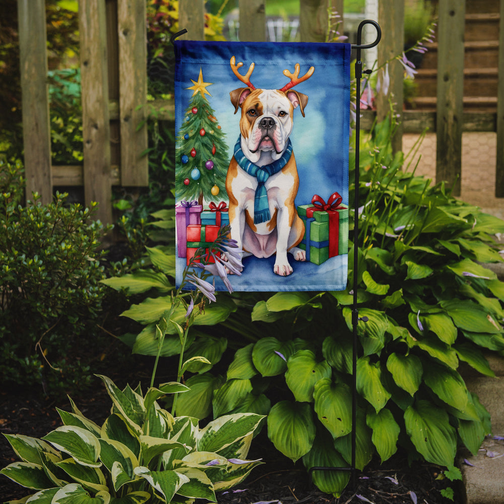 Caroline's Treasures American Bulldog Christmas Garden Flag – Dog in Reindeer Antlers with Tree & Gifts