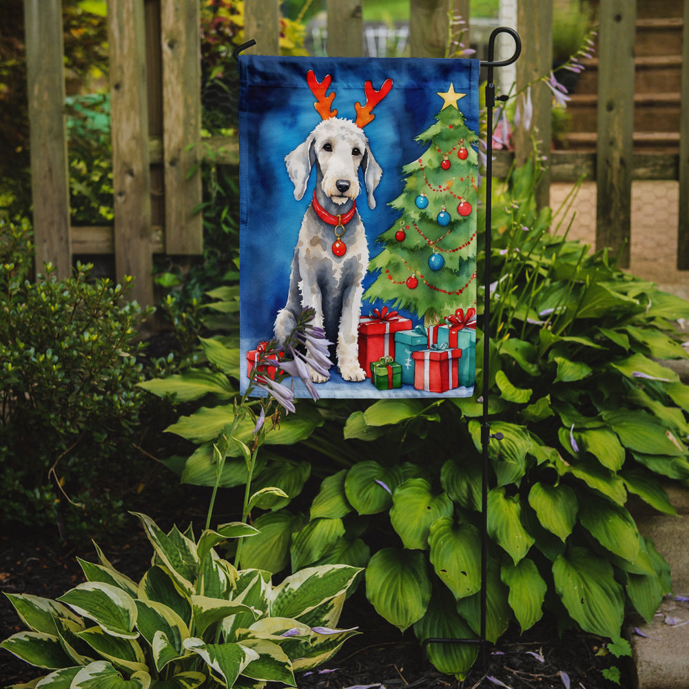 Caroline's Treasures Bedlington Terrier Christmas Garden Flag – Dog in Reindeer Antlers with Tree & Gifts
