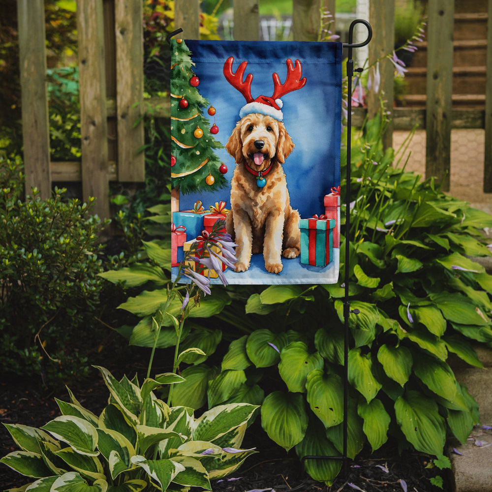 Caroline's Treasures Goldendoodle Christmas Garden Flag – Dog in Reindeer Antlers with Tree & Gifts