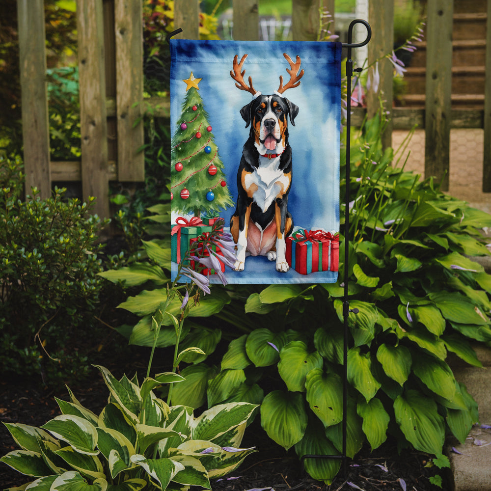 Caroline's Treasures Greater Swiss Mountain Dog Christmas Garden Flag – Dog in Reindeer Antlers with Tree & Gifts