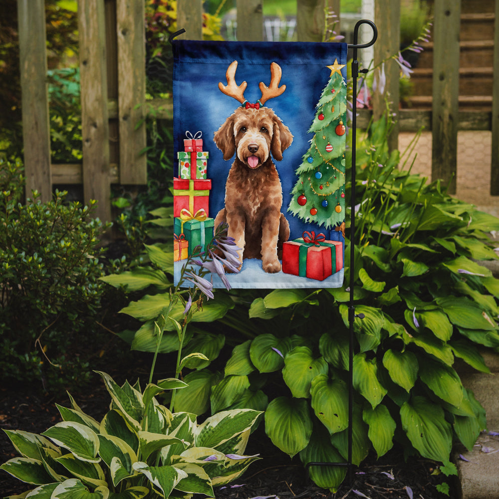 Caroline's Treasures Labradoodle Christmas Garden Flag – Dog in Reindeer Antlers with Tree & Gifts