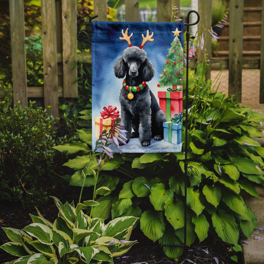Caroline's Treasures Black Standard Poodle Christmas Garden Flag – Dog in Reindeer Antlers with Tree & Gifts