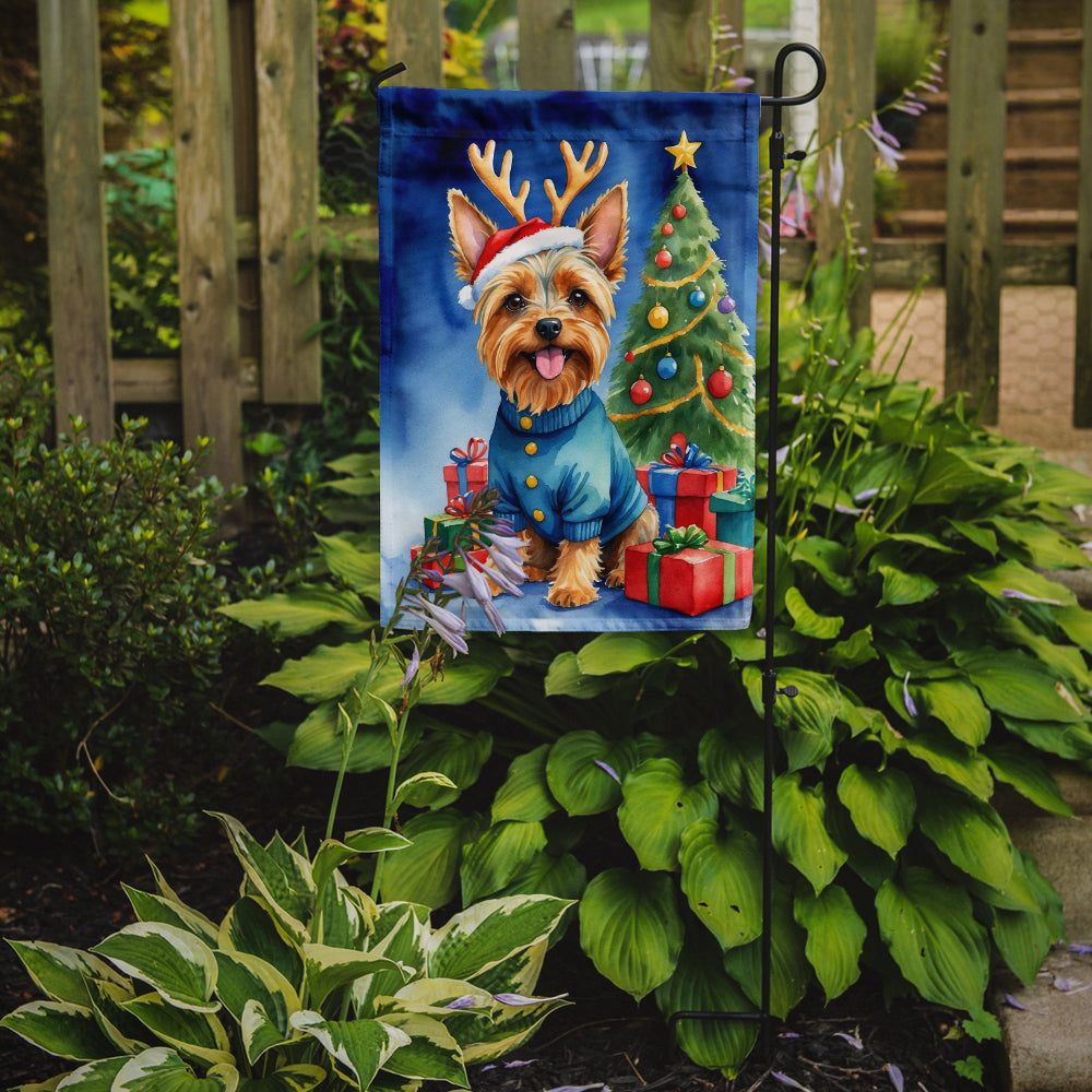 Caroline's Treasures Silky Terrier Christmas Garden Flag – Dog in Reindeer Antlers with Tree & Gifts