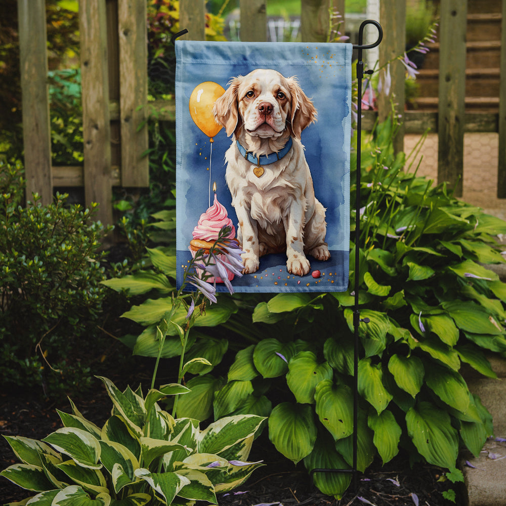 Caroline's Treasures Clumber Spaniel Happy Birthday Garden Flag –Dog Birthday Cupcake Yard Decor with Balloons
