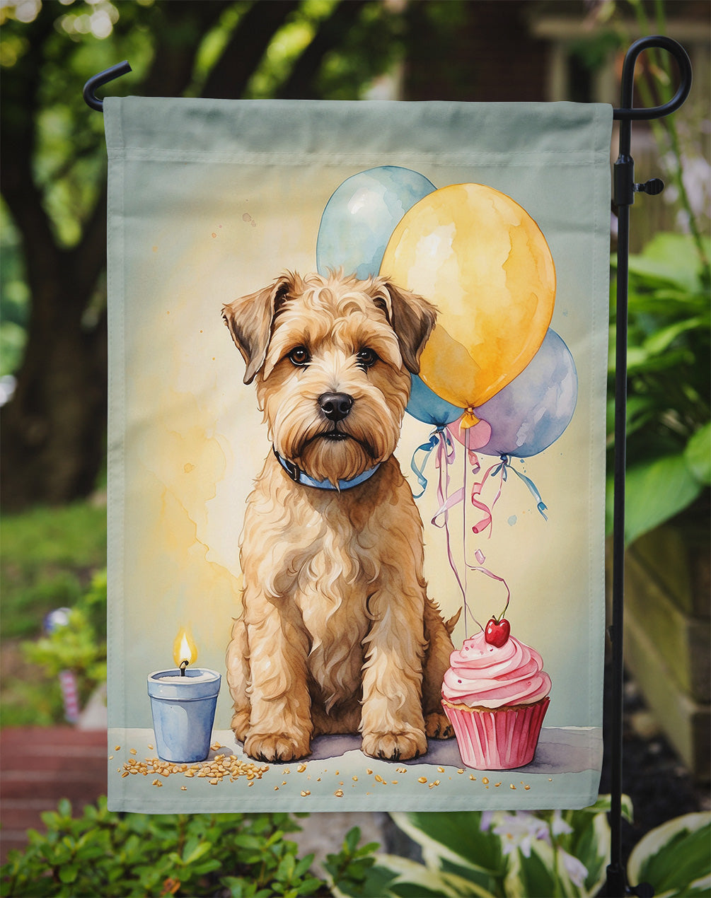 Caroline's Treasures Wheaten Terrier Happy Birthday Garden Flag –Dog Birthday Cupcake Yard Decor with Balloons