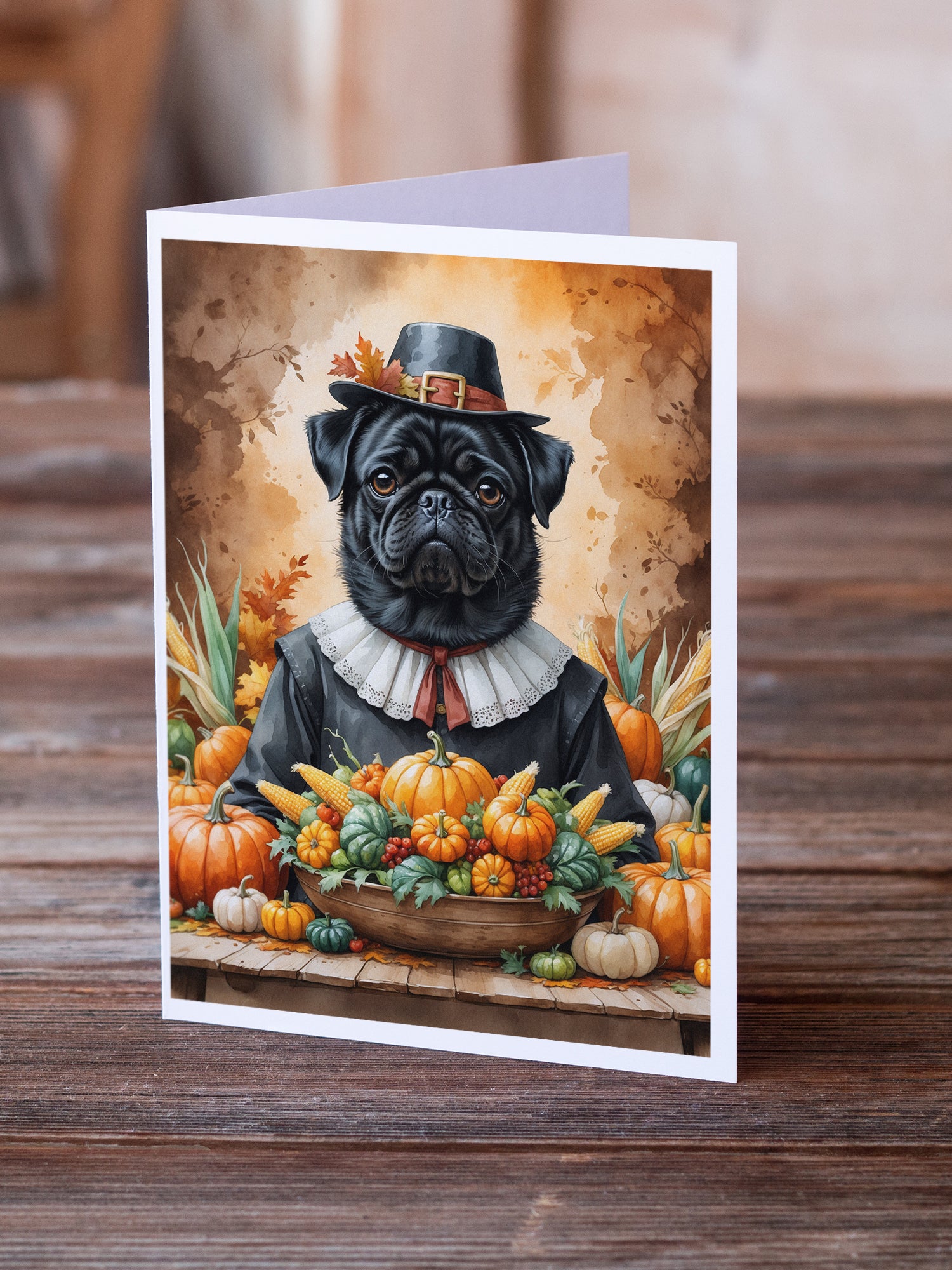 Caroline's Treasures Black Pug Thanksgiving Greeting Cards Pack of 8