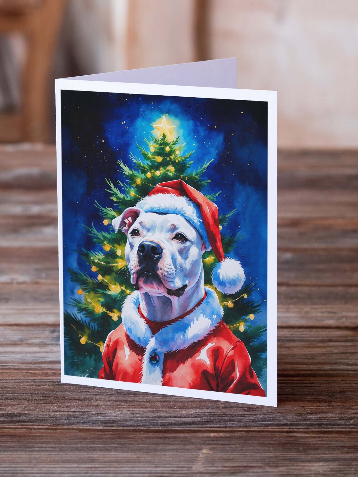 Caroline's Treasures White Pit Bull Terrier Christmas Greeting Cards Pack of 8