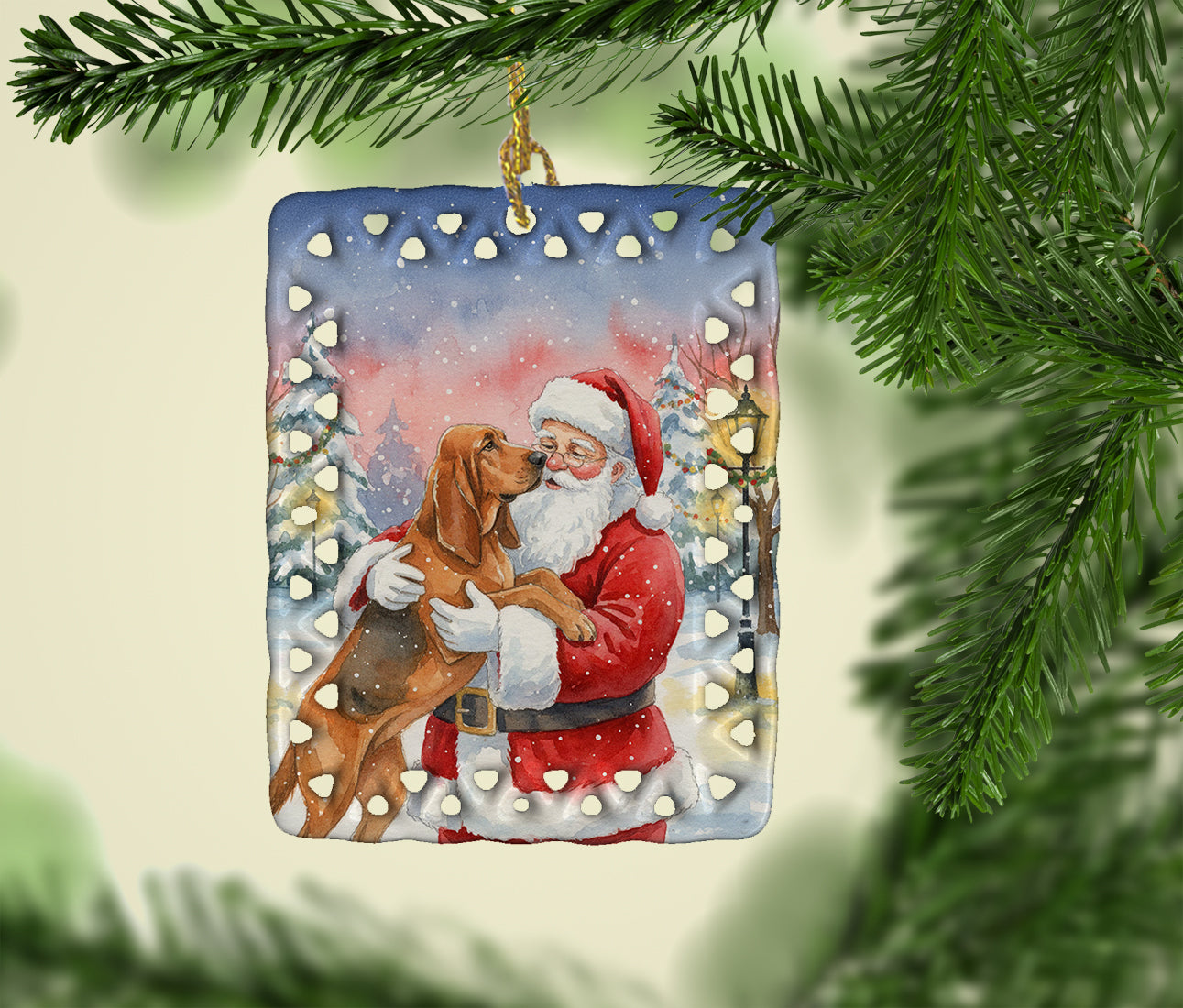 Caroline's Treasures Bloodhound with Santa Claus Porcelain Ornament