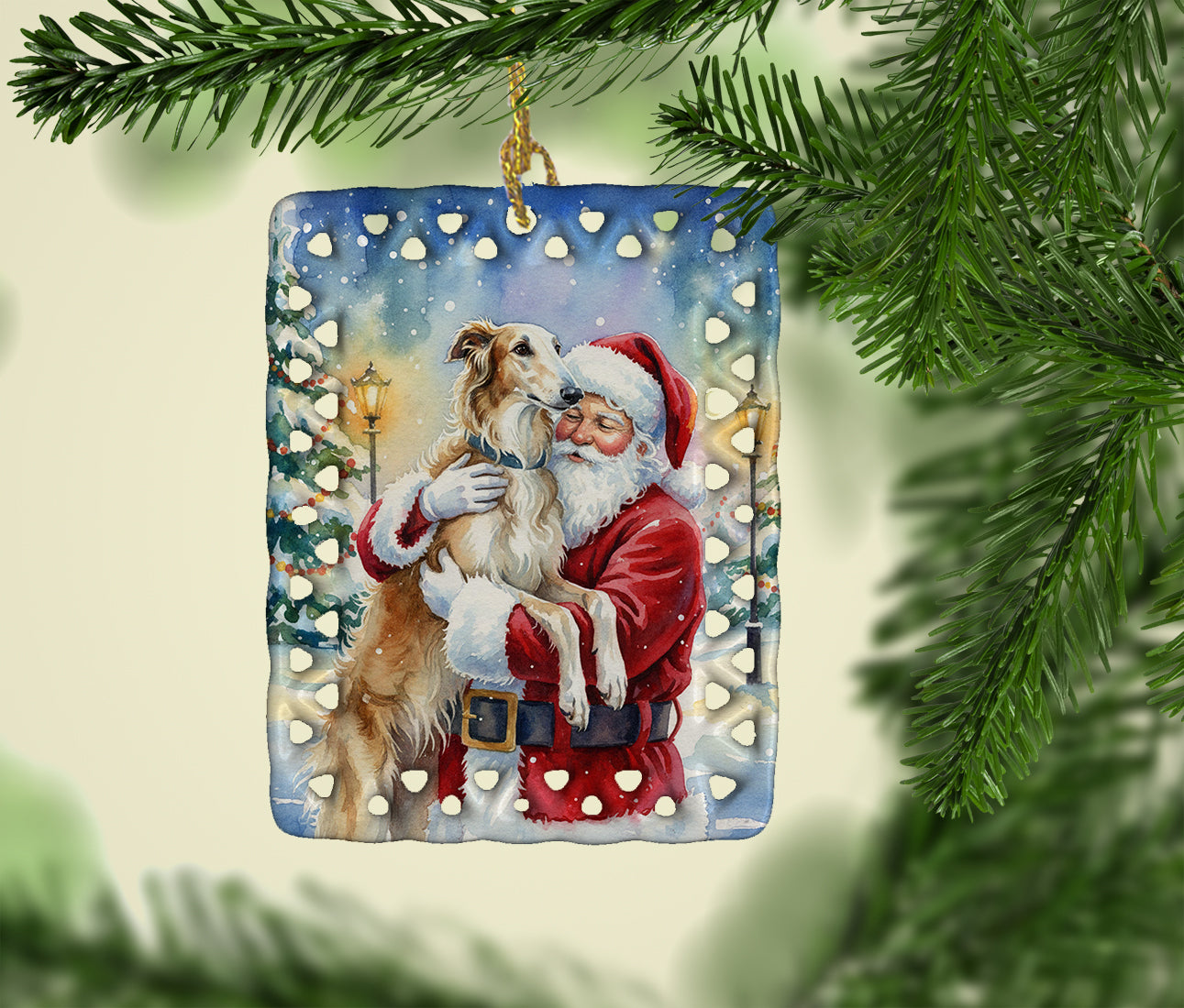 Caroline's Treasures Borzoi with Santa Claus Porcelain Ornament