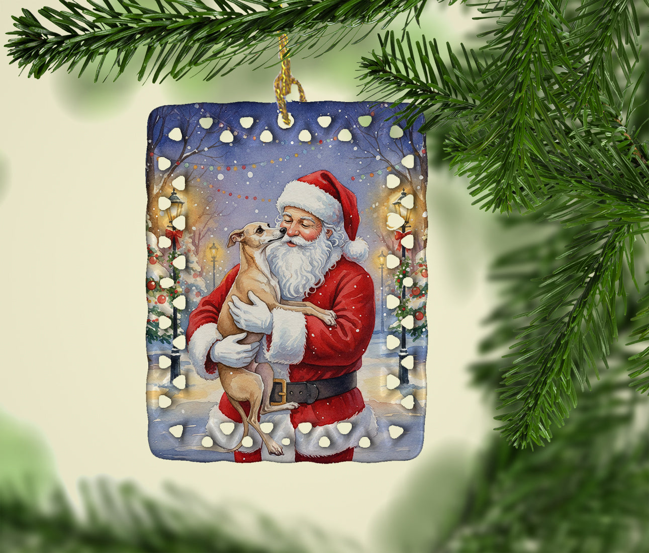 Caroline's Treasures Italian Greyhound with Santa Claus Porcelain Ornament