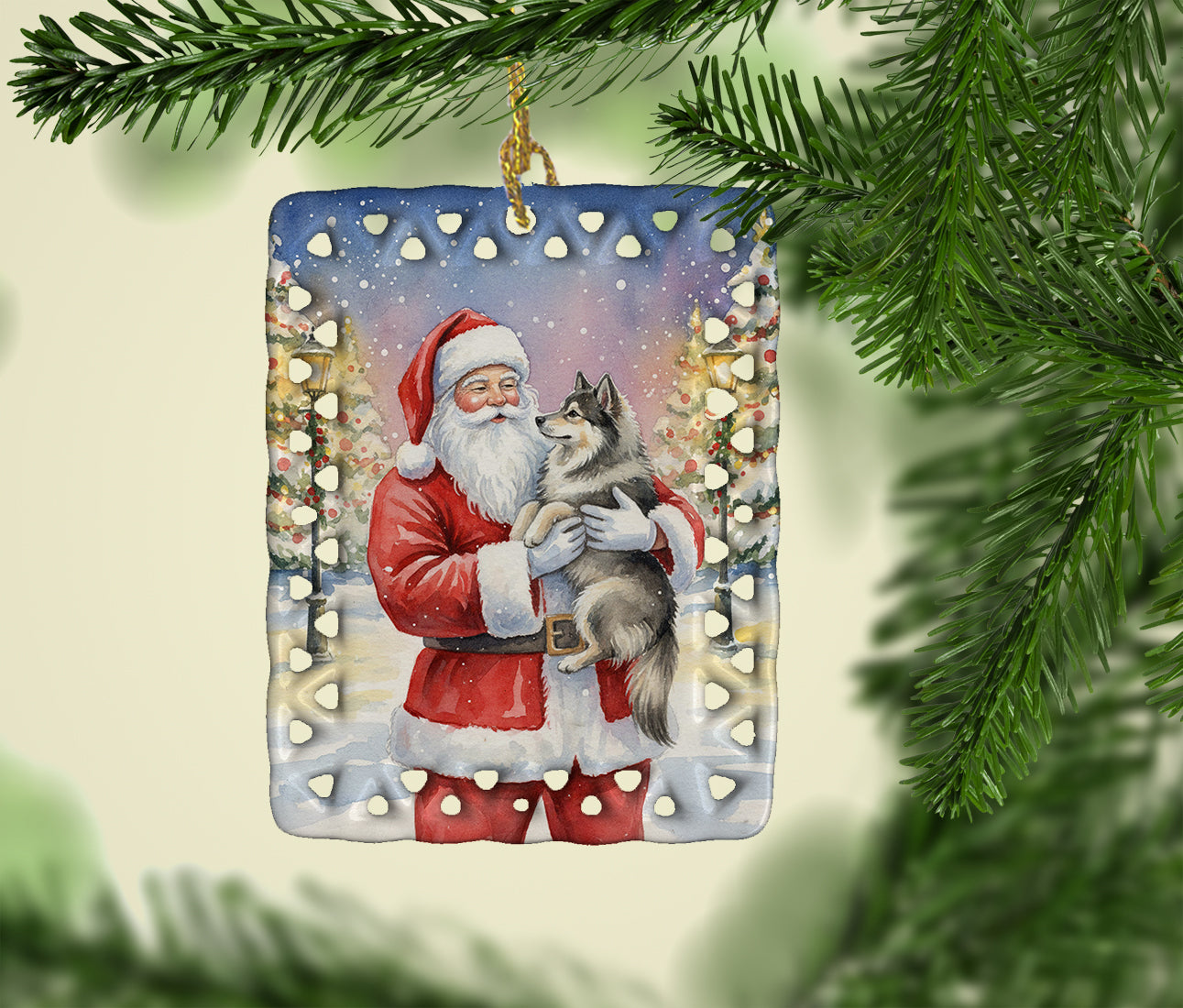 Caroline's Treasures Keeshond with Santa Claus Porcelain Ornament
