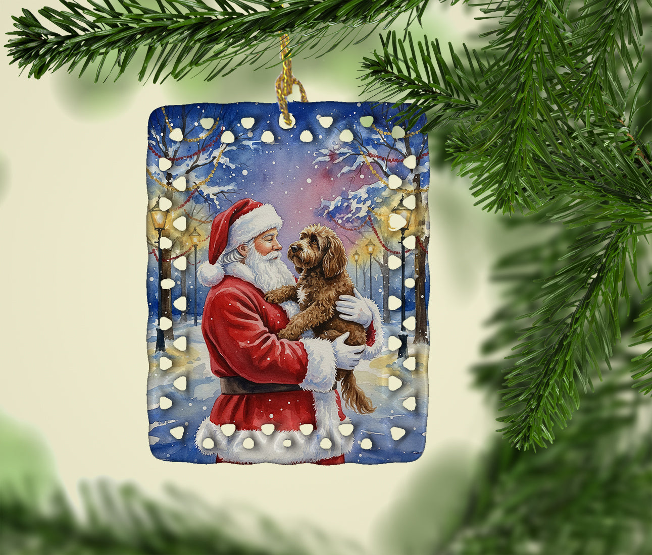 Caroline's Treasures Chocolate Labradoodle with Santa Claus Porcelain Ornament