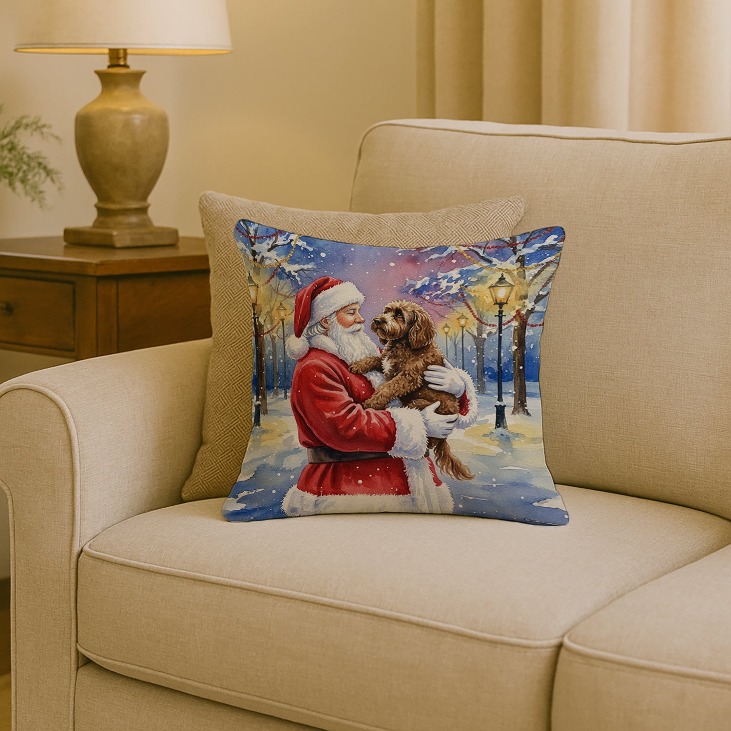Caroline's Treasures Chocolate Labradoodle with Santa Claus Throw Pillow