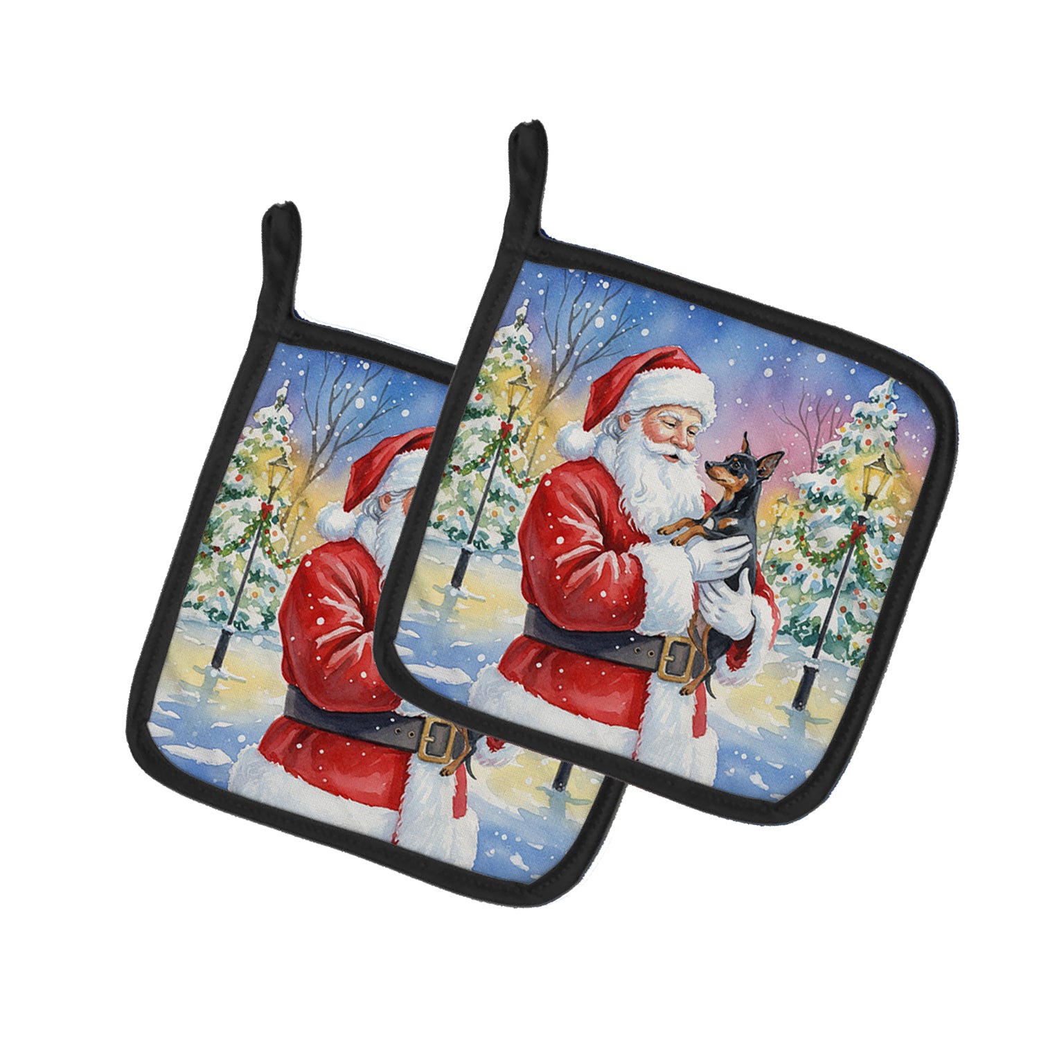 Caroline's Treasures Miniature Pinscher with Santa Claus Pair of Pot Holders