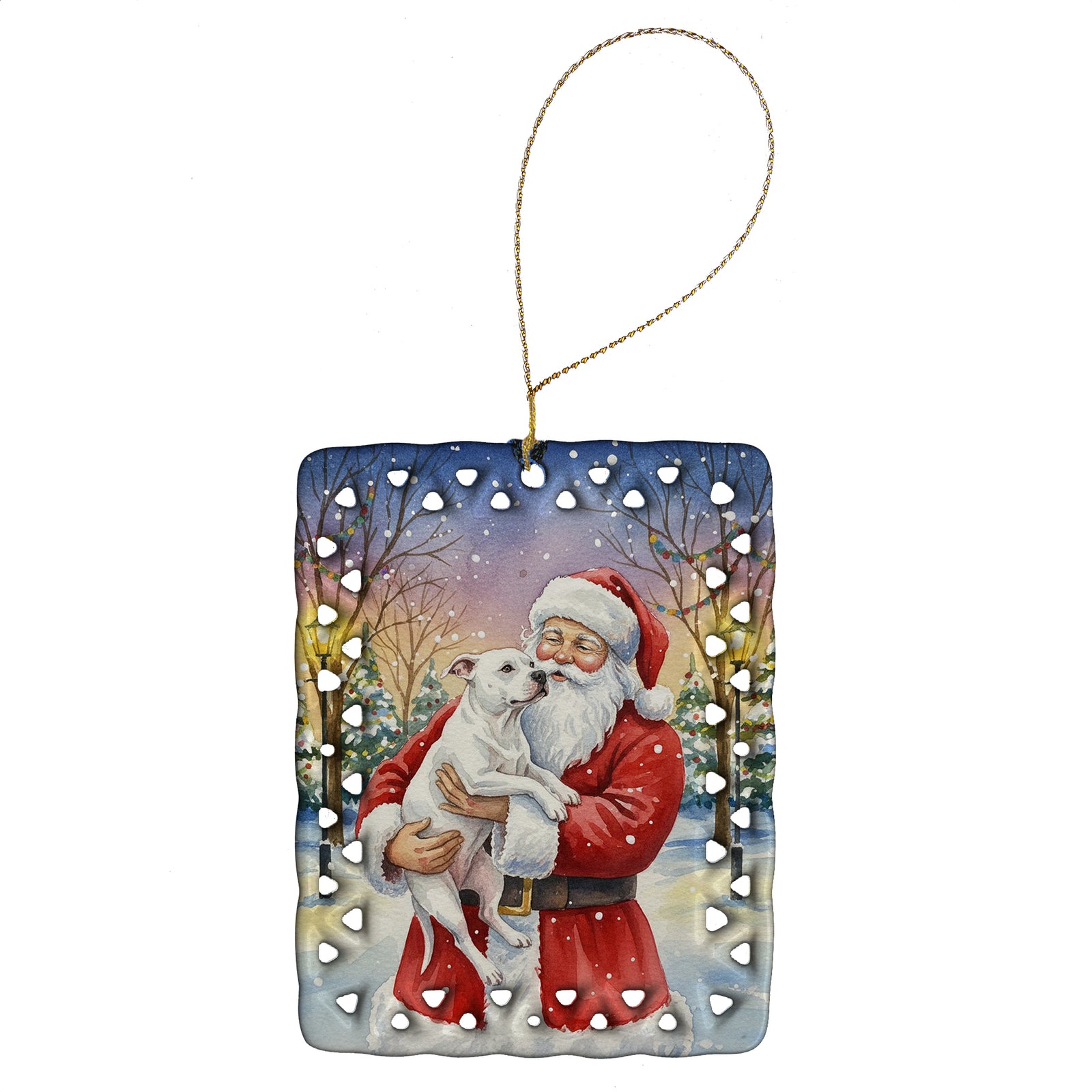 Caroline's Treasures White Pit Bull Terrier with Santa Claus Porcelain Ornament