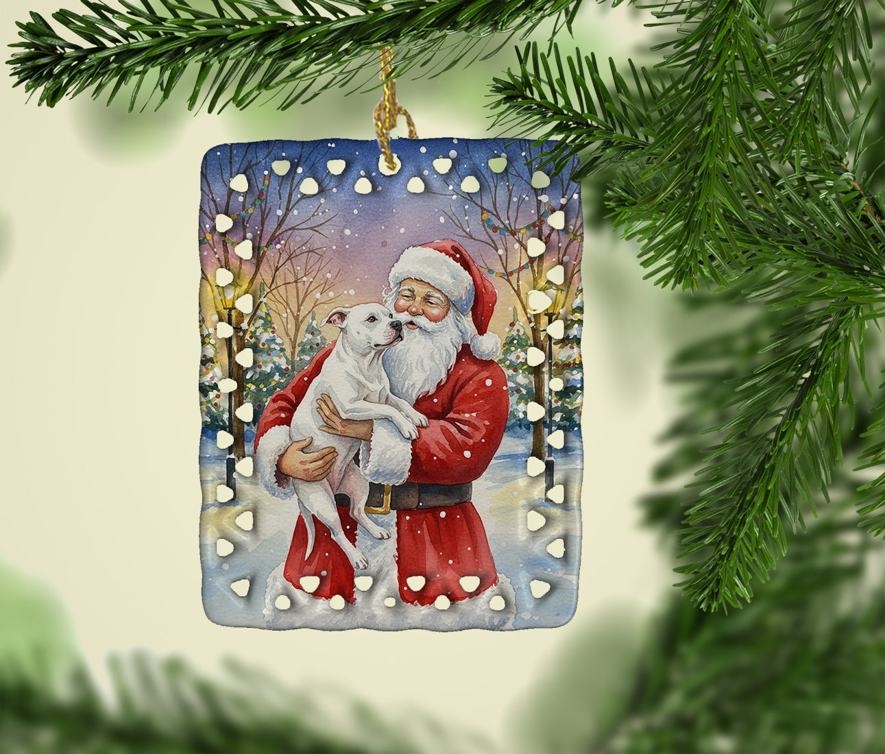 Caroline's Treasures White Pit Bull Terrier with Santa Claus Porcelain Ornament