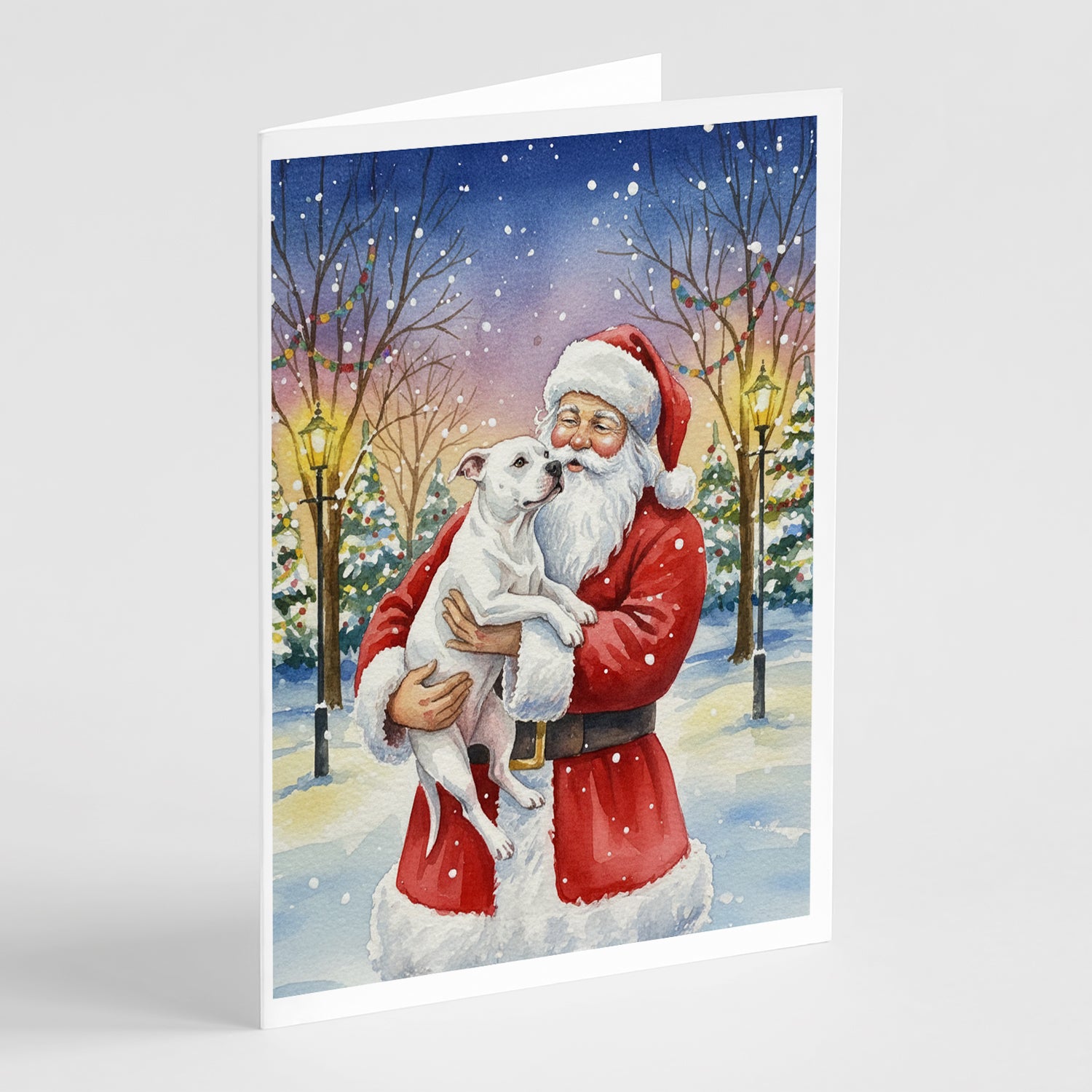 Caroline's Treasures White Pit Bull Terrier with Santa Claus Greeting Cards Pack of 8