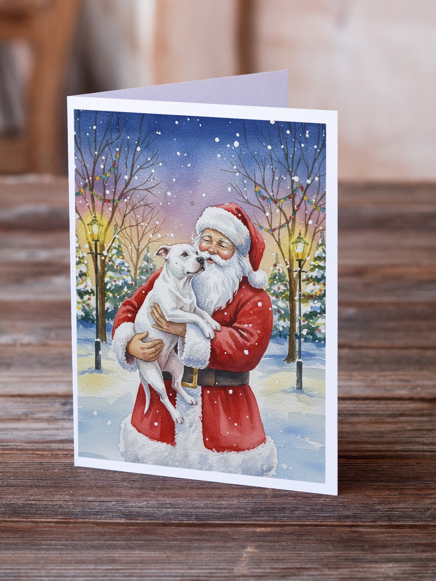 Caroline's Treasures White Pit Bull Terrier with Santa Claus Greeting Cards Pack of 8