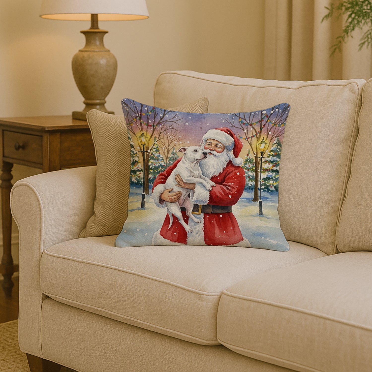 Caroline's Treasures White Pit Bull Terrier with Santa Claus Throw Pillow