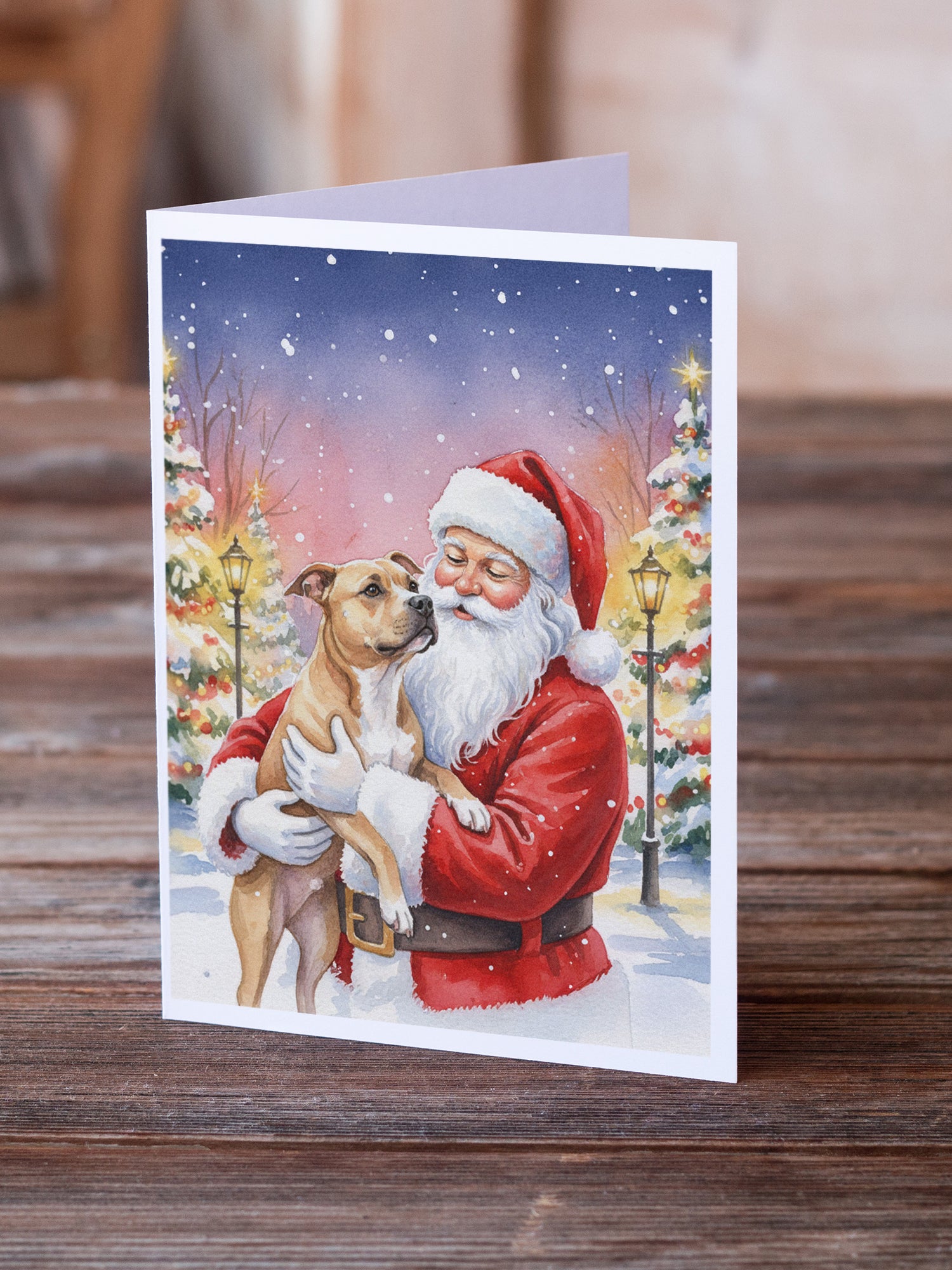 Caroline's Treasures Pit Bull Terrier with Santa Claus Greeting Cards Pack of 8