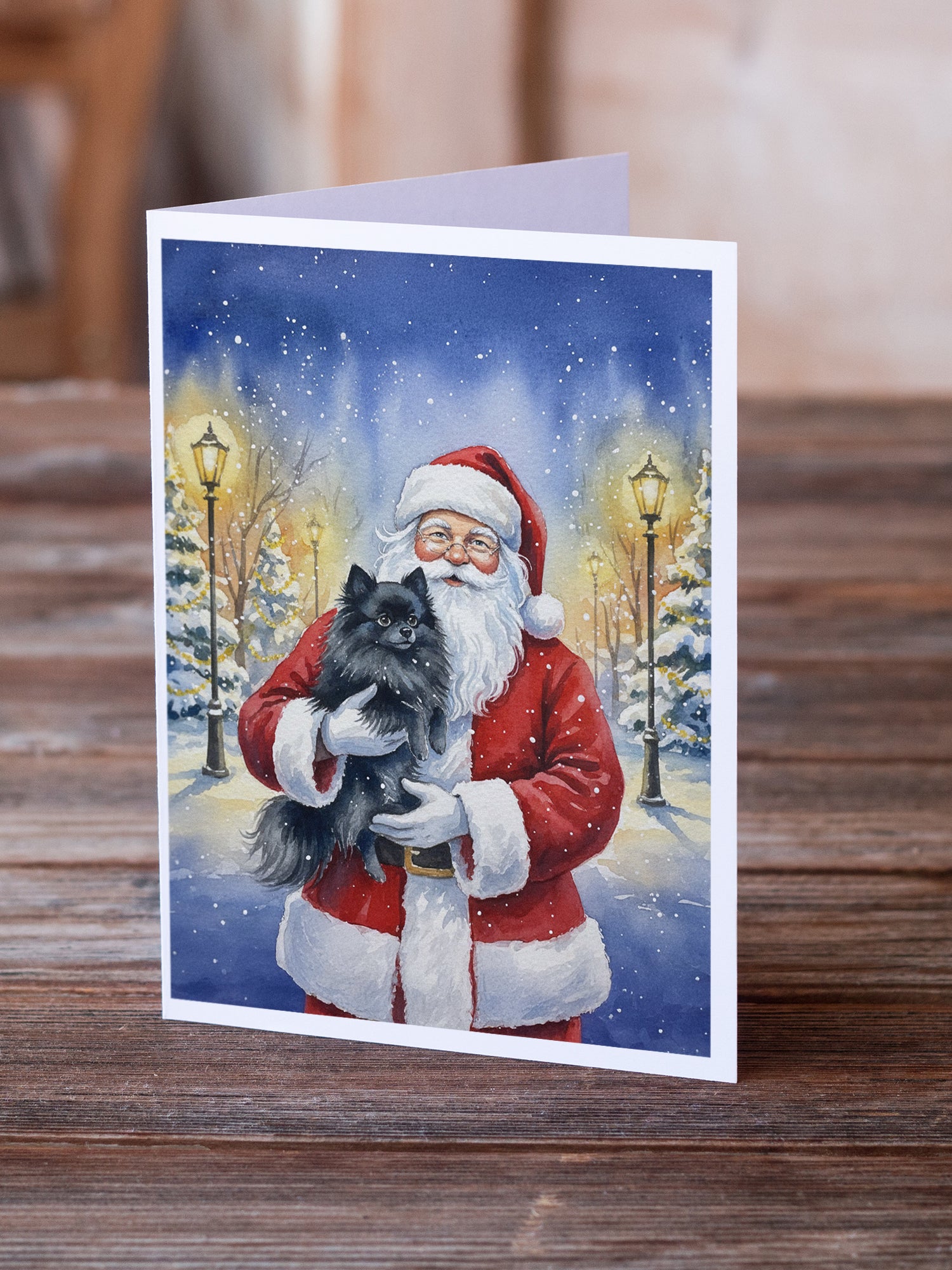 Caroline's Treasures Black Pomeranian with Santa Claus Greeting Cards Pack of 8