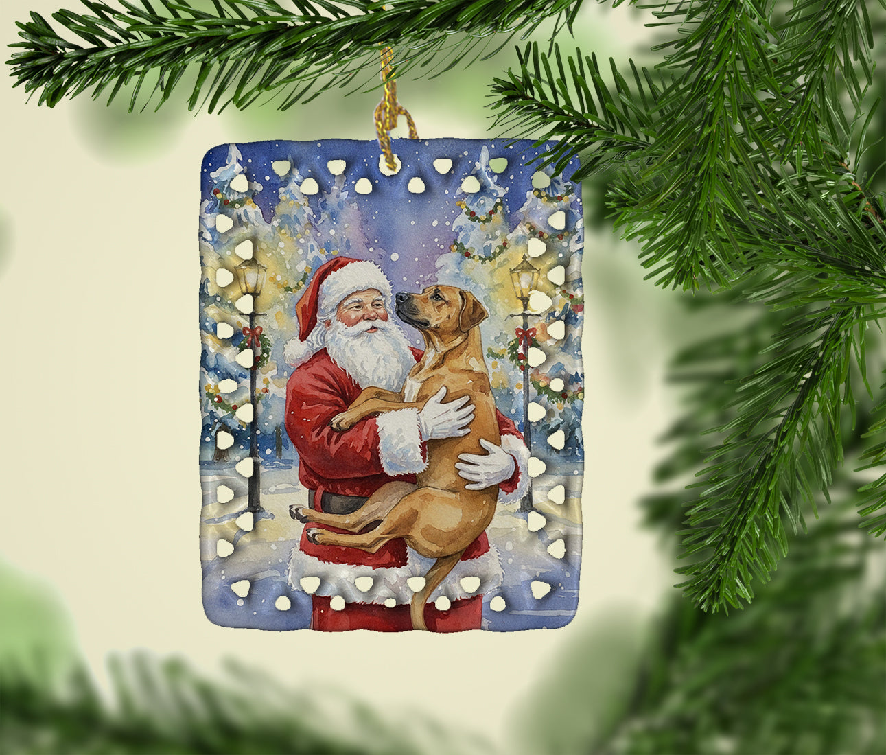 Caroline's Treasures Rhodesian Ridgeback with Santa Claus Porcelain Ornament