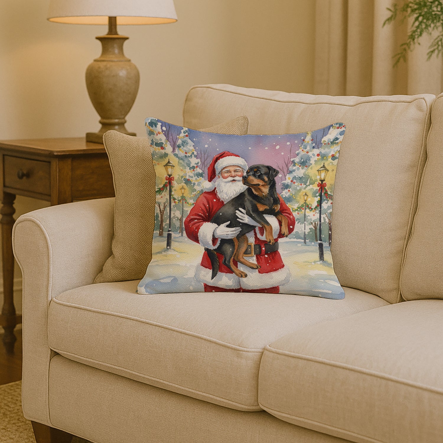 Caroline's Treasures Rottweiler with Santa Claus Throw Pillow