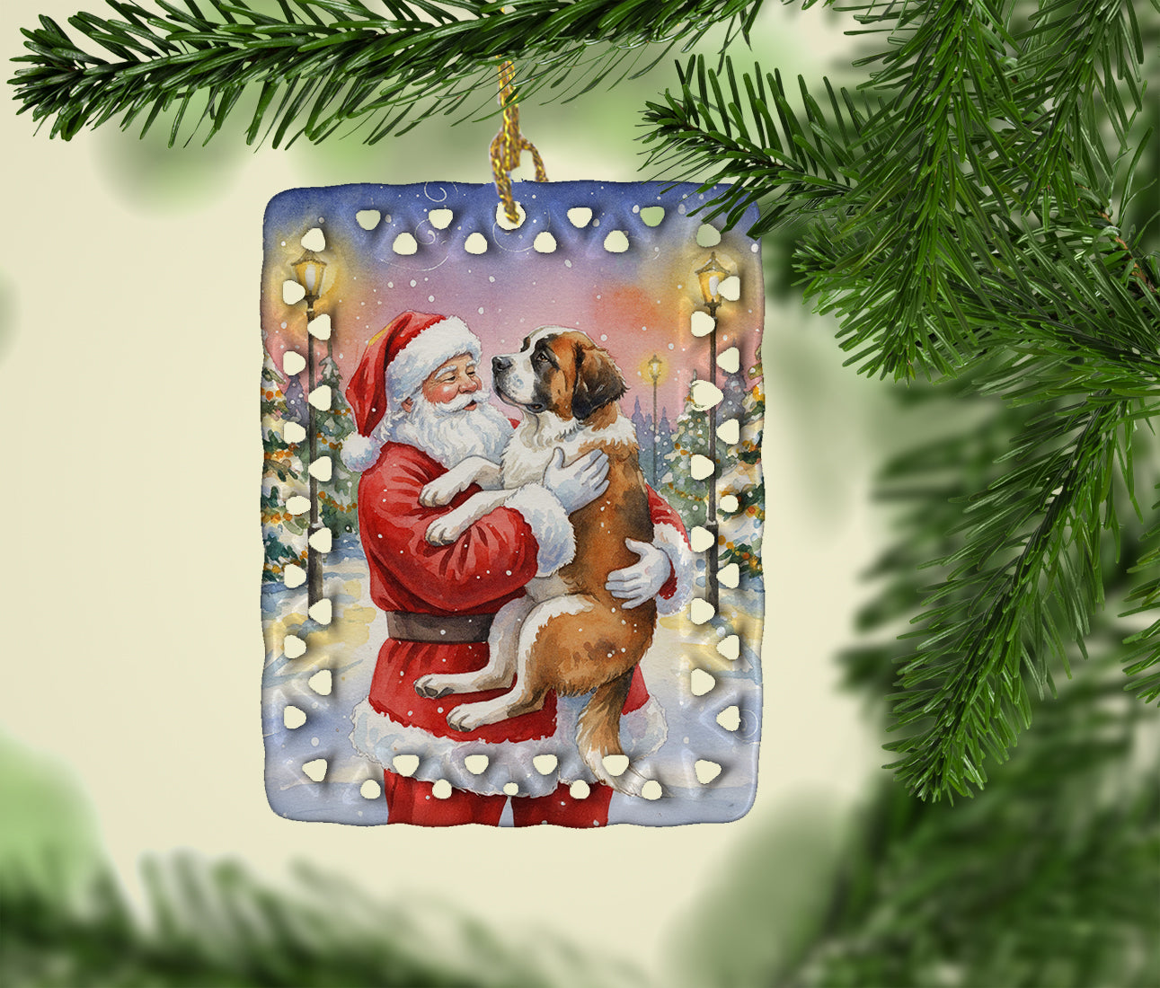 Caroline's Treasures Saint Bernard with Santa Claus Porcelain Ornament