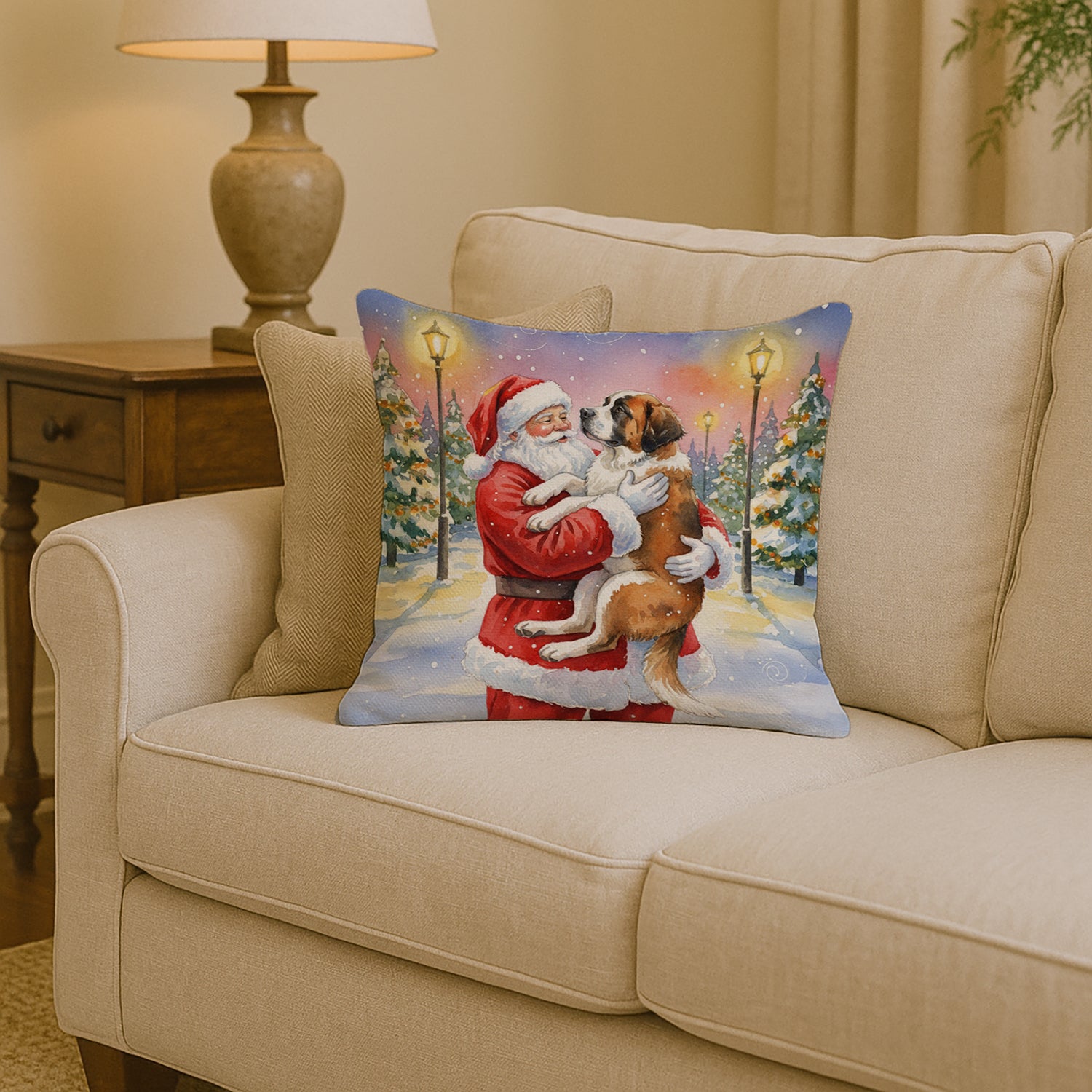 Caroline's Treasures Saint Bernard with Santa Claus Throw Pillow