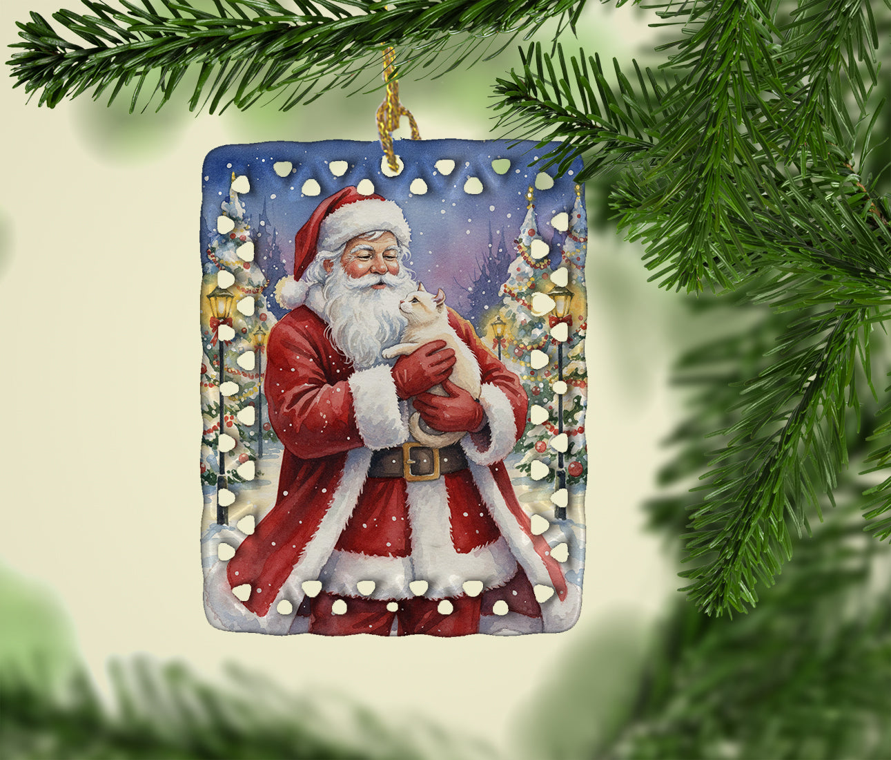 Caroline's Treasures American Curl Cat with Santa Claus Porcelain Ornament