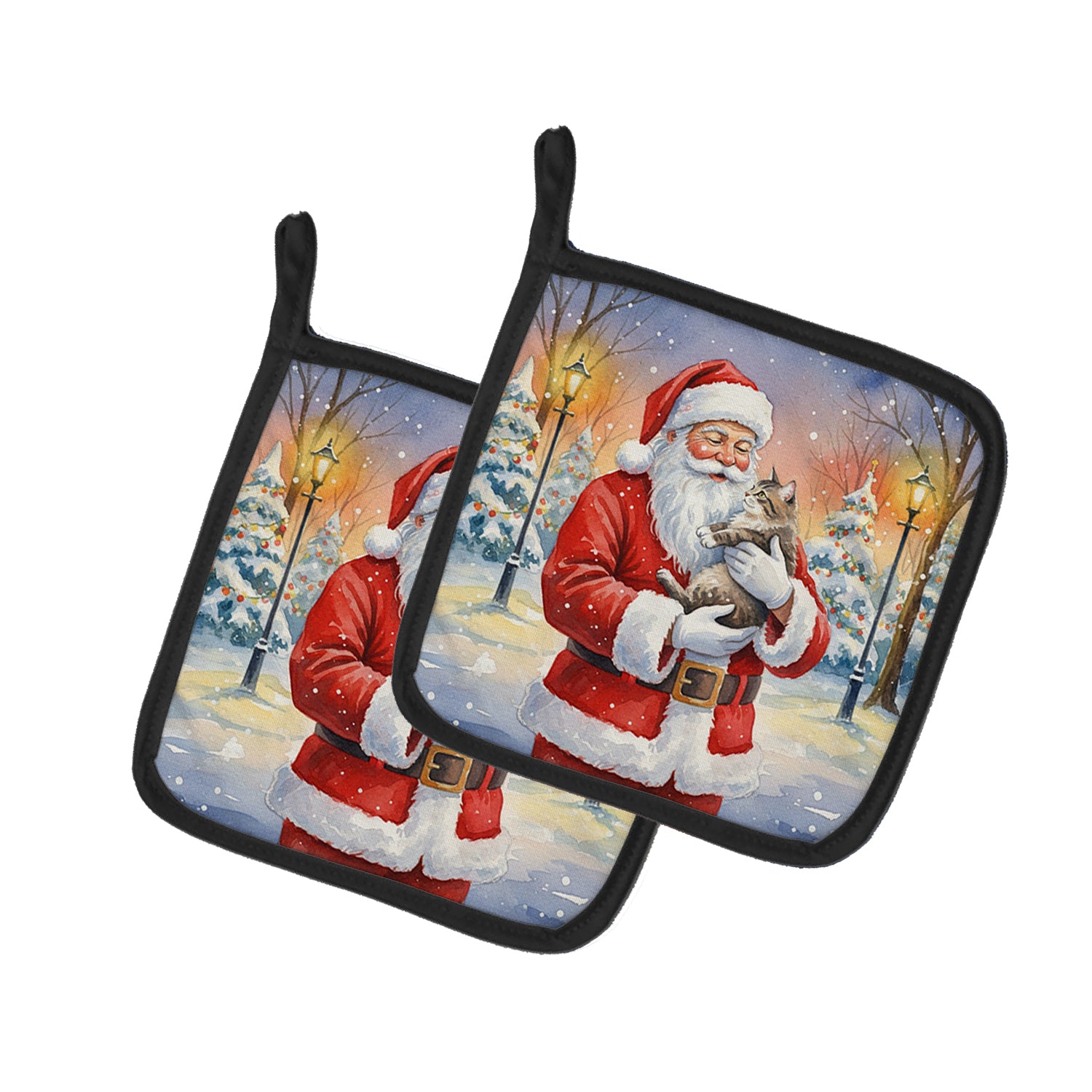 Caroline's Treasures American Shorthair Cat with Santa Claus Pair of Pot Holders
