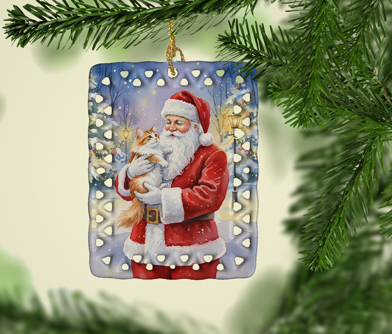 Caroline's Treasures Asian Cat with Santa Claus Porcelain Ornament