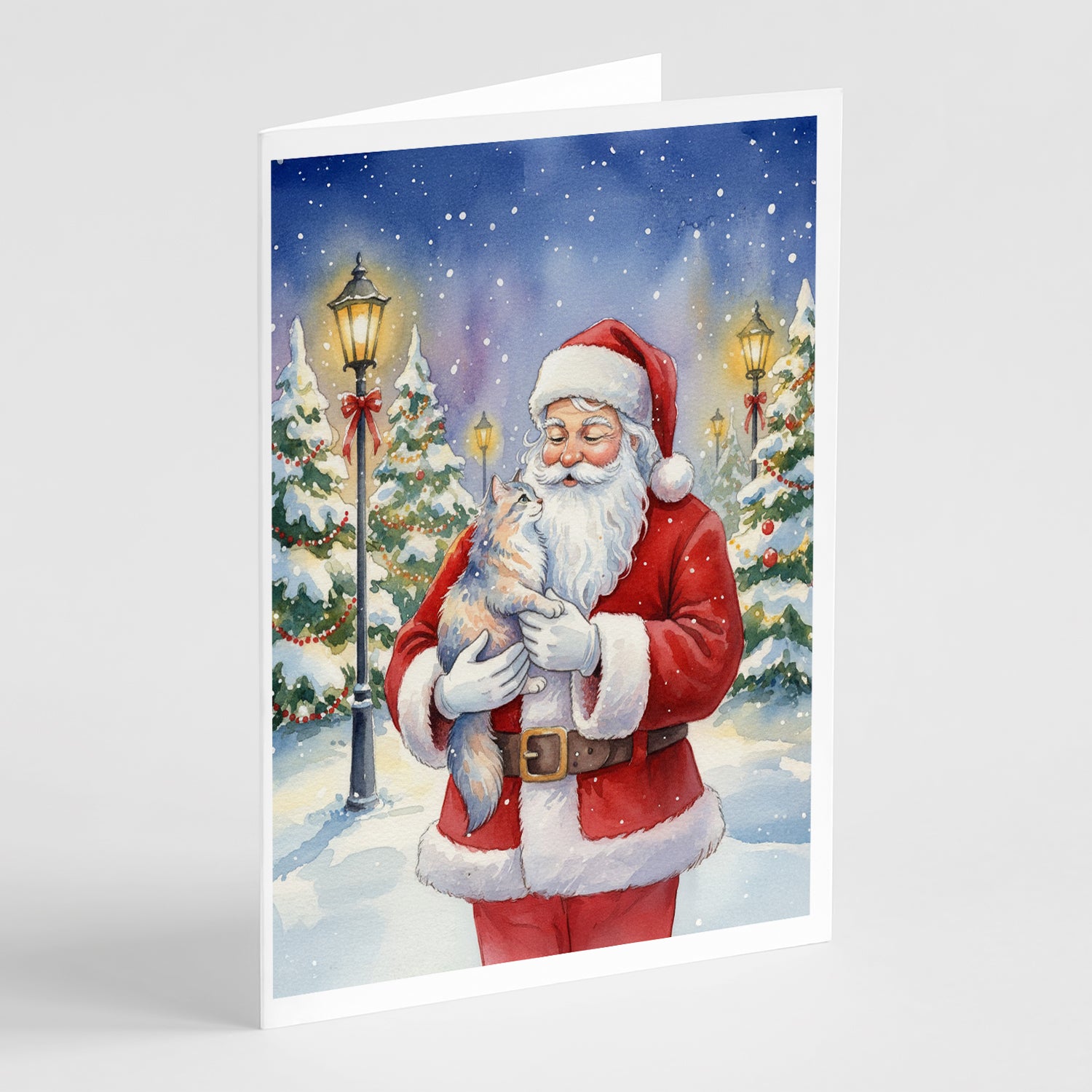 Caroline's Treasures Australian Mist Cat with Santa Claus Greeting Cards Pack of 8
