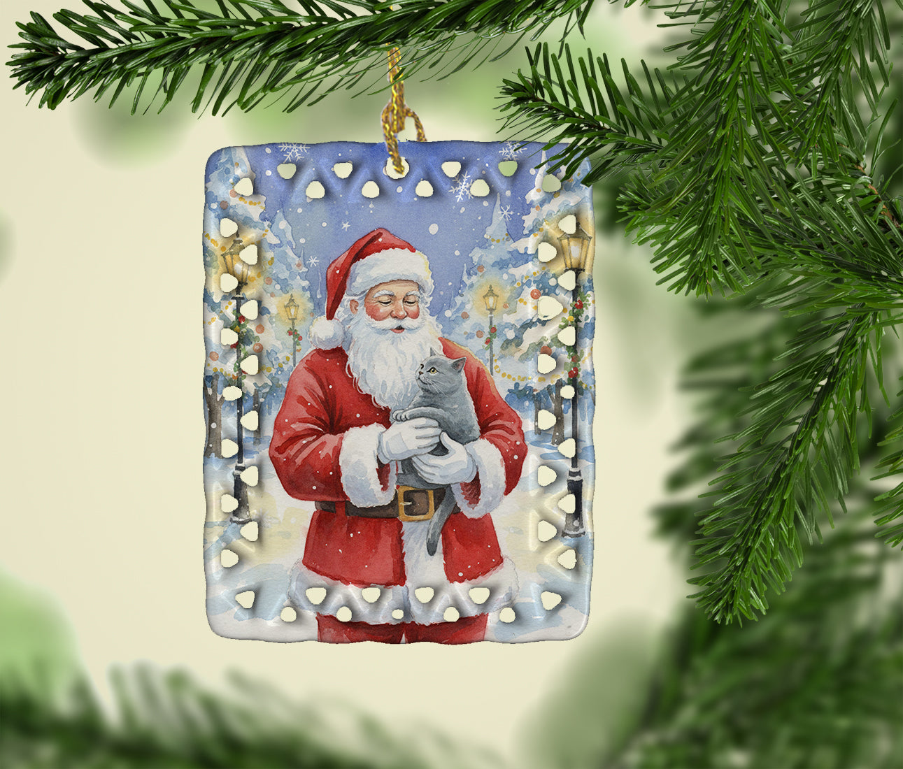 Caroline's Treasures British Shorthair Cat with Santa Claus Porcelain Ornament