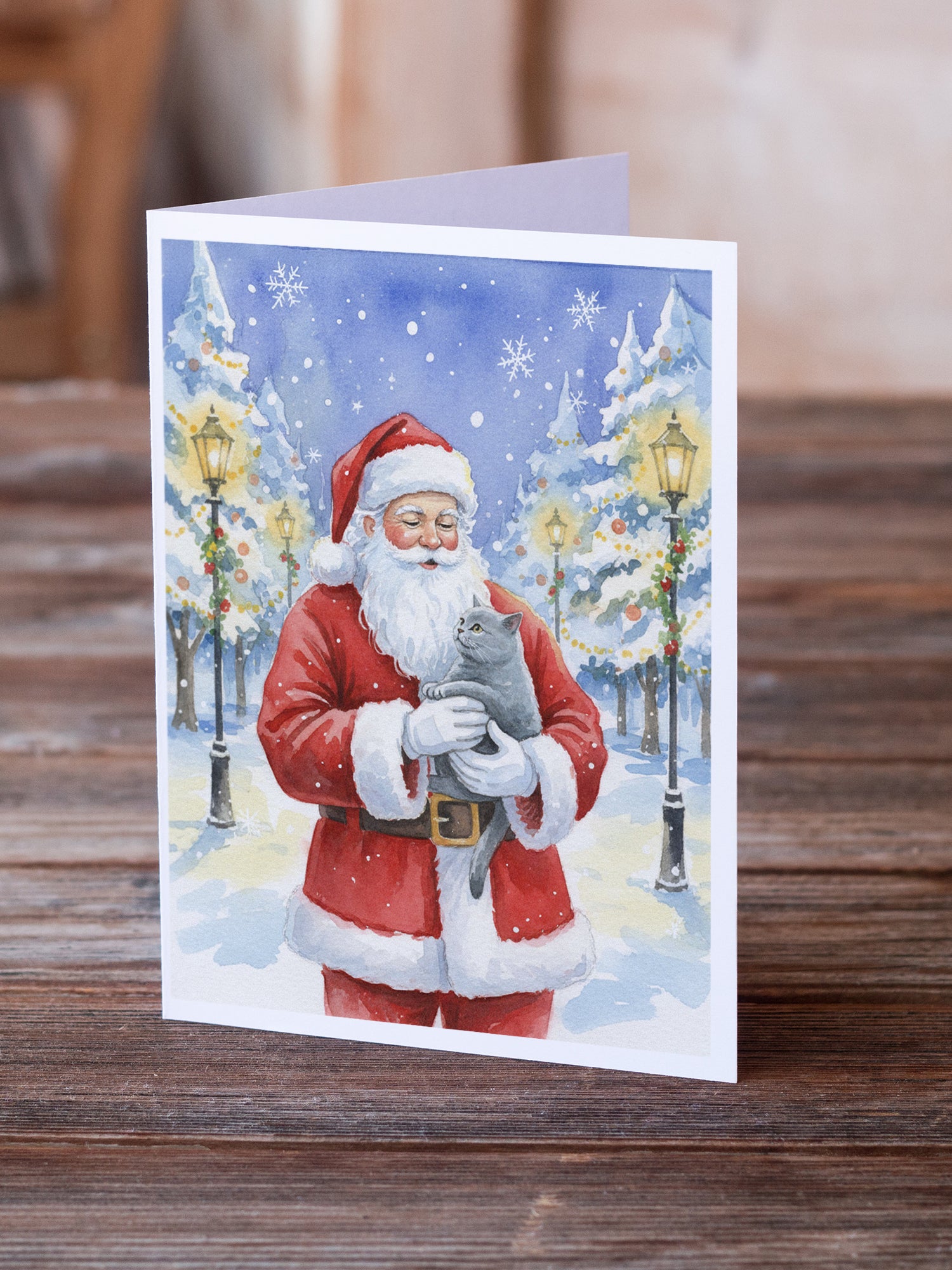 Caroline's Treasures British Shorthair Cat with Santa Claus Greeting Cards Pack of 8