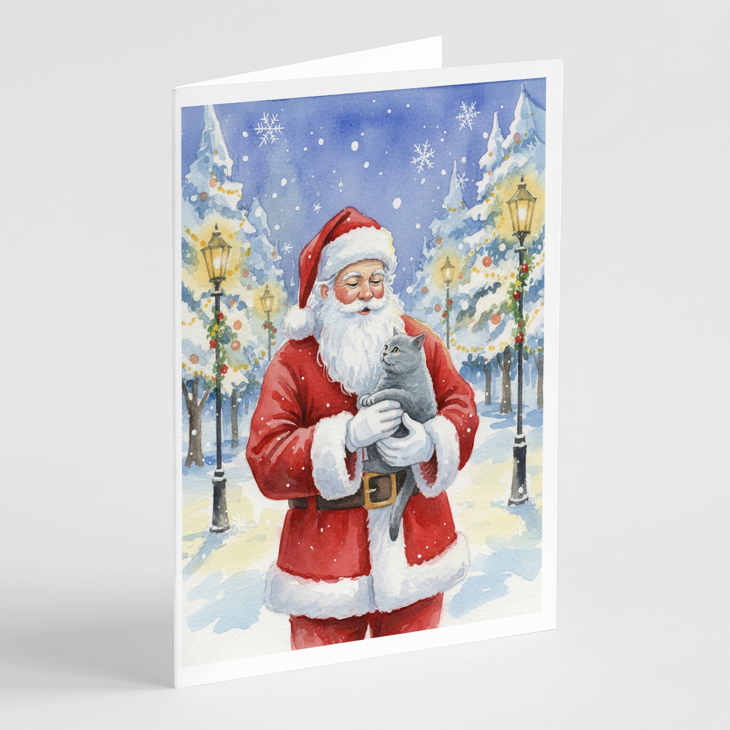 Caroline's Treasures British Shorthair Cat with Santa Claus Greeting Cards Pack of 8